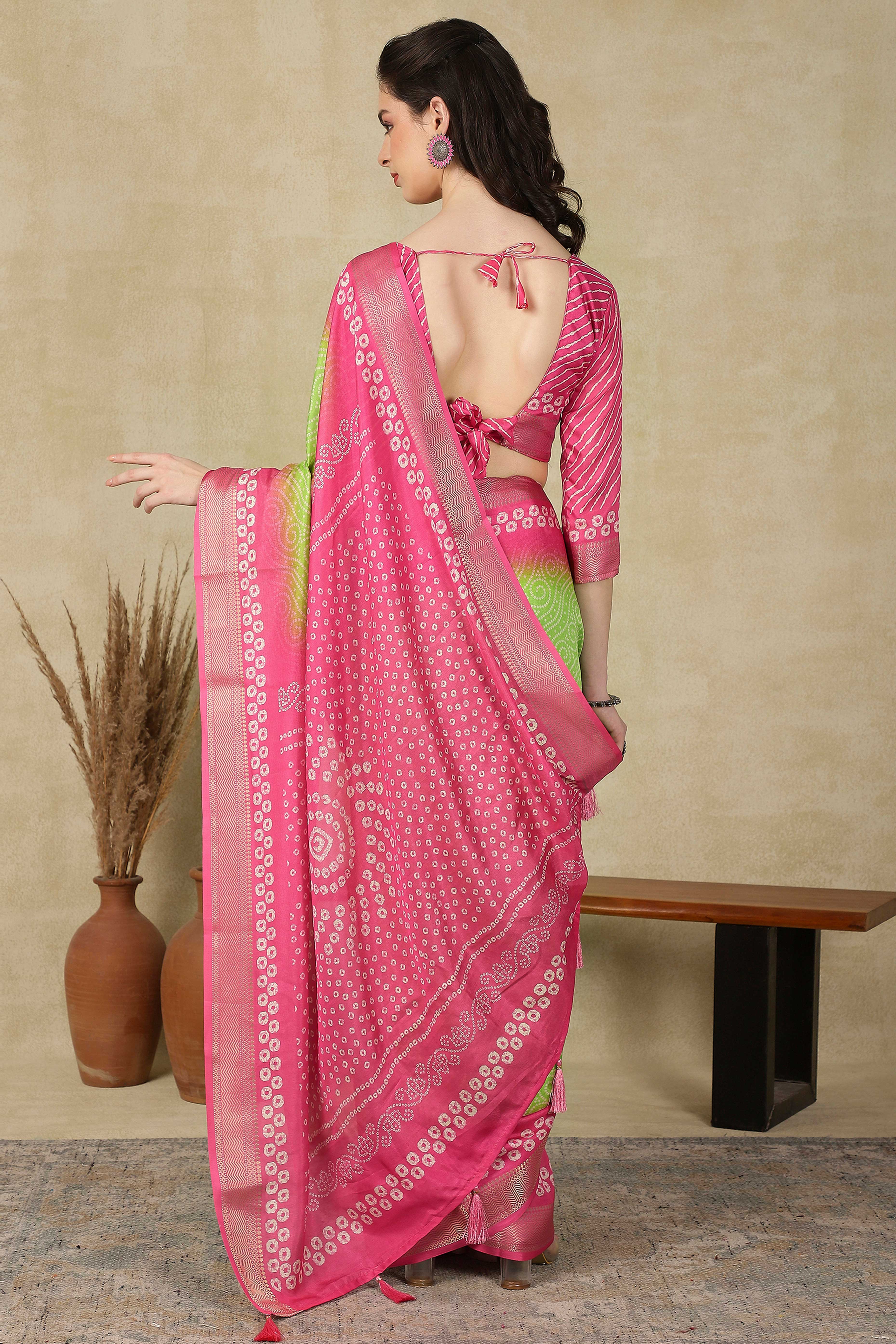 Luxury Green & Pink Bandhani Print Cotton Silk Saree Featuring Weaving Border & Tassel Pallu