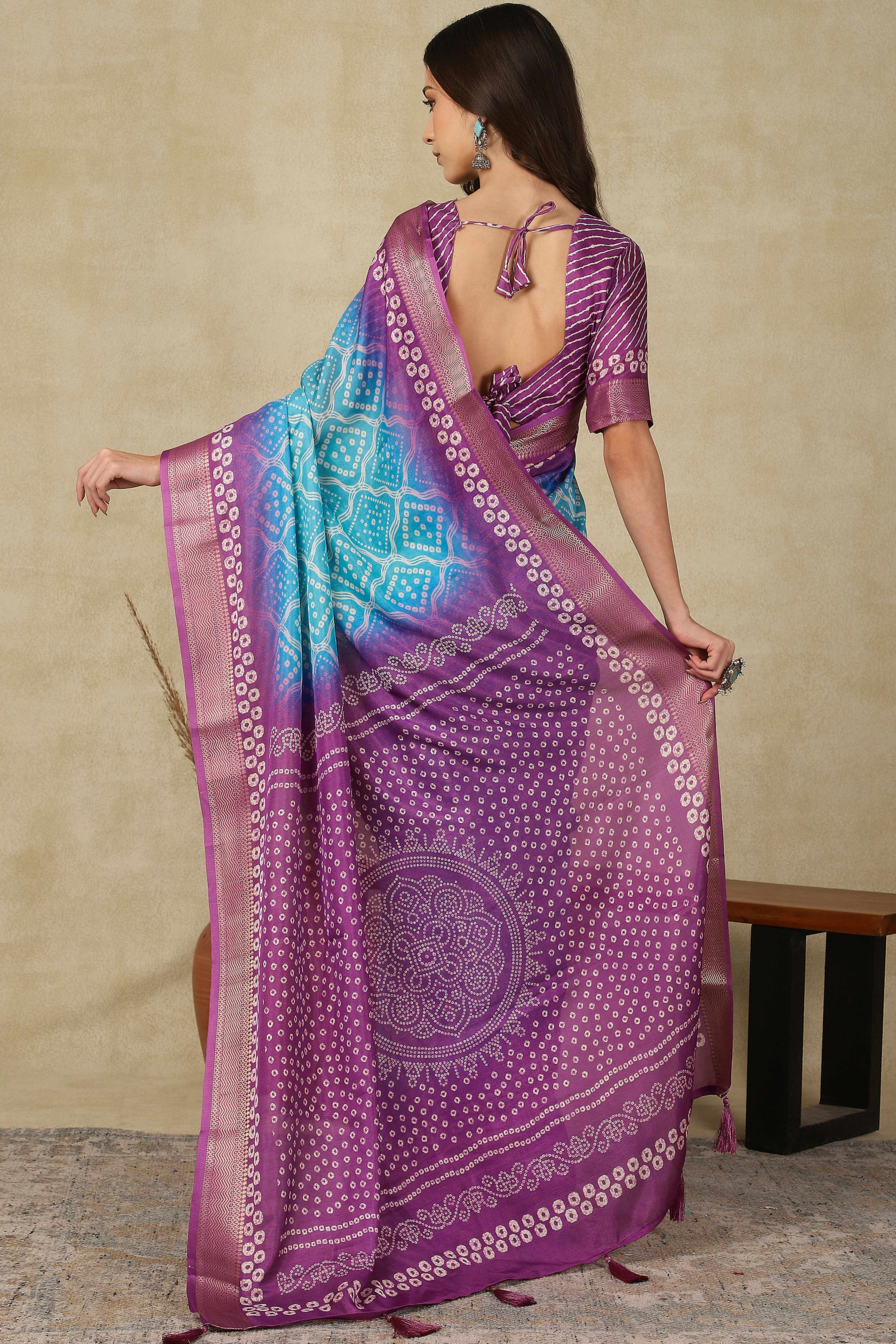 Luxury Blue & Purple Bandhani Print Cotton Silk Saree Featuring Weaving Border & Tassel Pallu