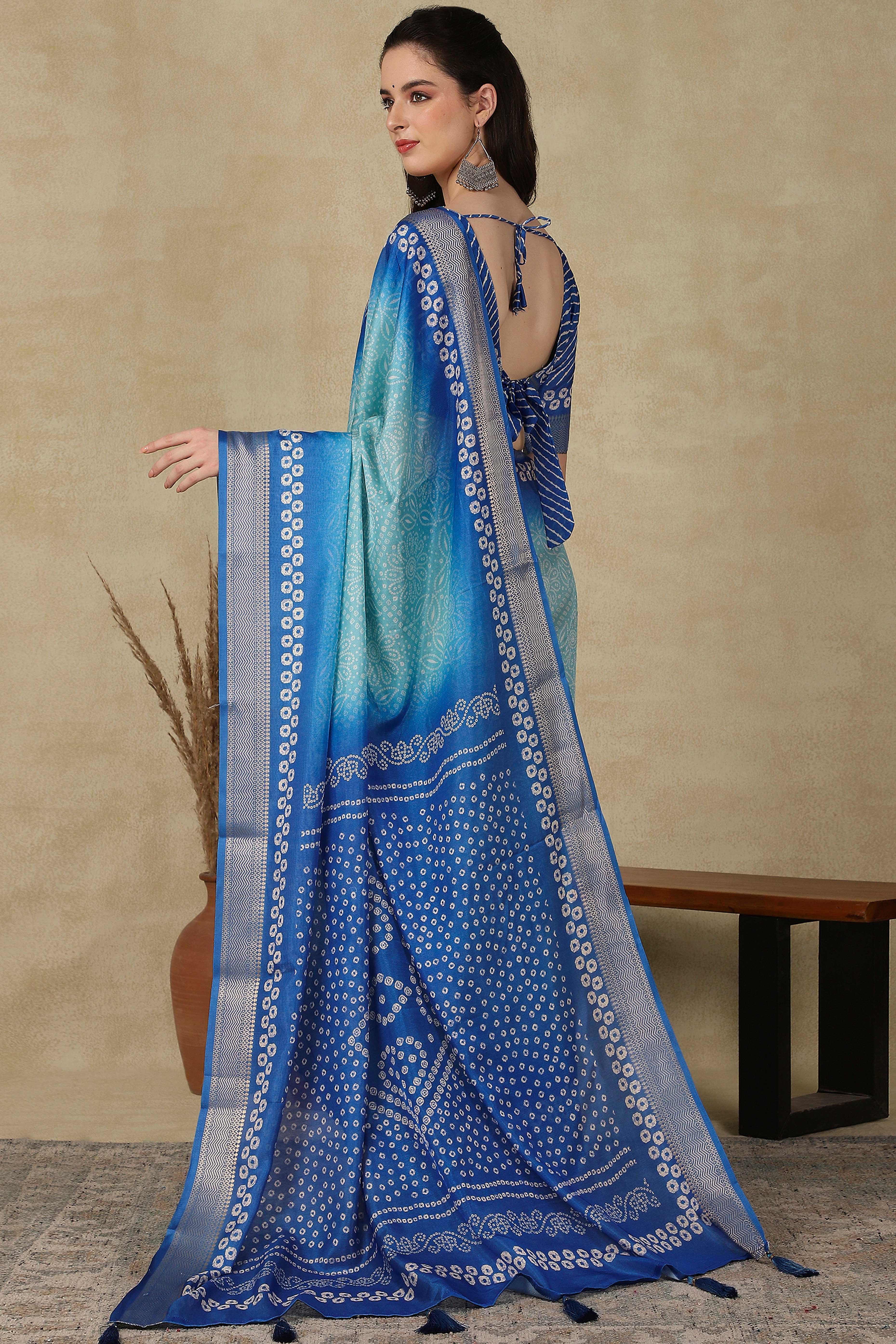 Luxury Blue Bandhani Print Cotton Silk Saree Featuring Weaving Border & Tassel Pallu