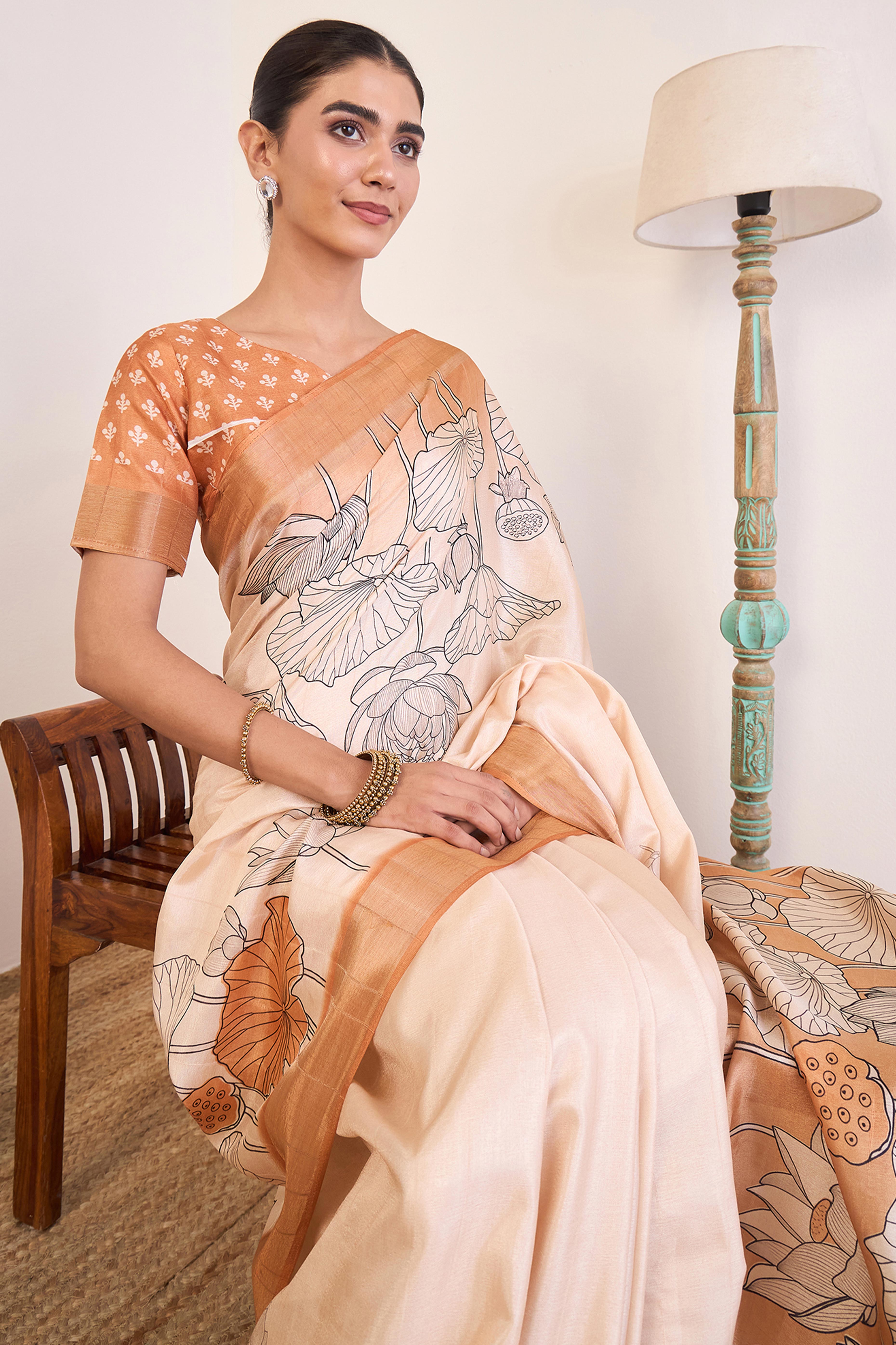 Elegant Light Peach Floral Printed Kotha Cotton Silk Saree Reflecting Subtle Sophistication