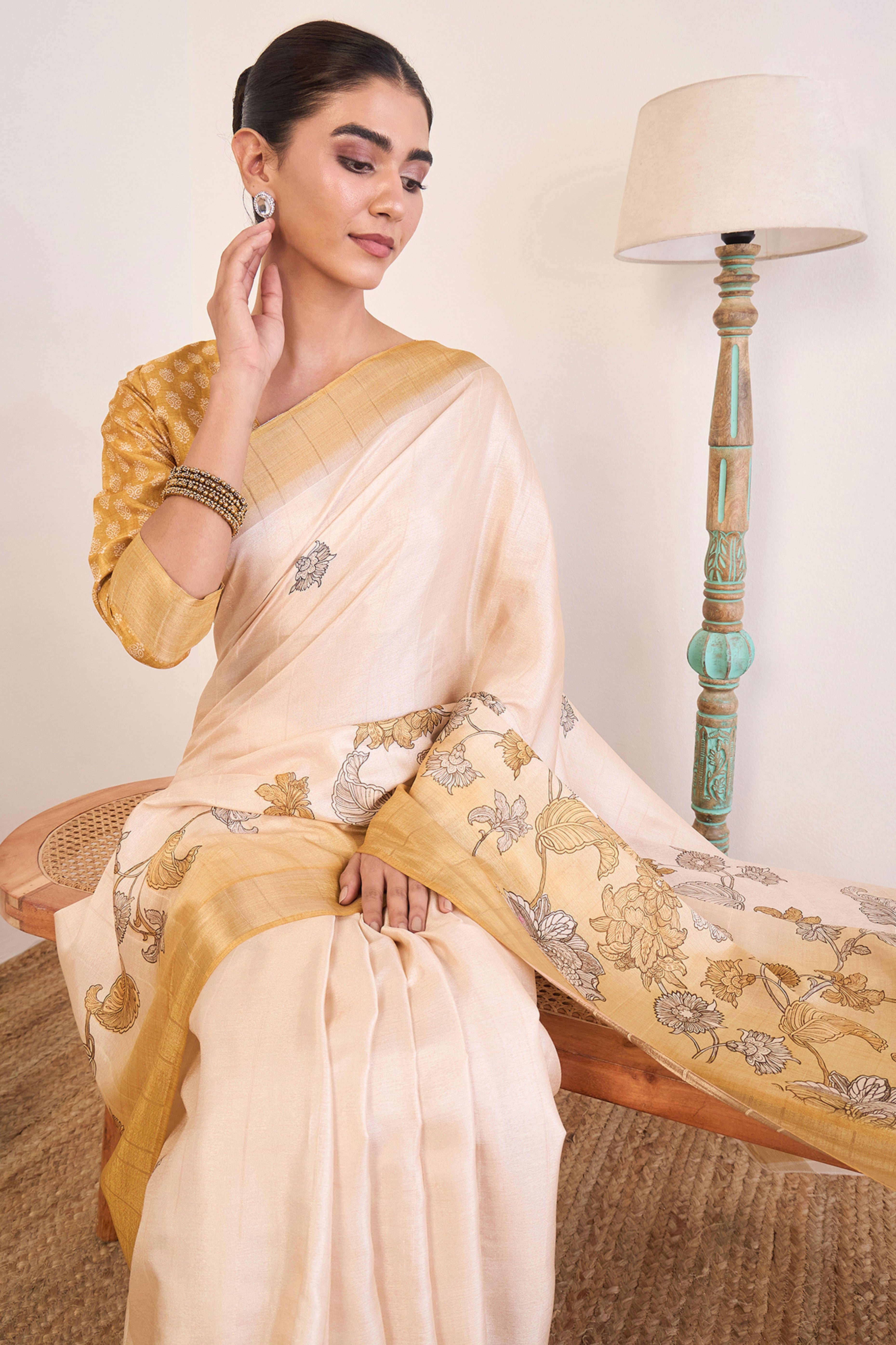 Elegant Light Mustard Floral Printed Kotha Cotton Silk Saree Reflecting Subtle Sophistication