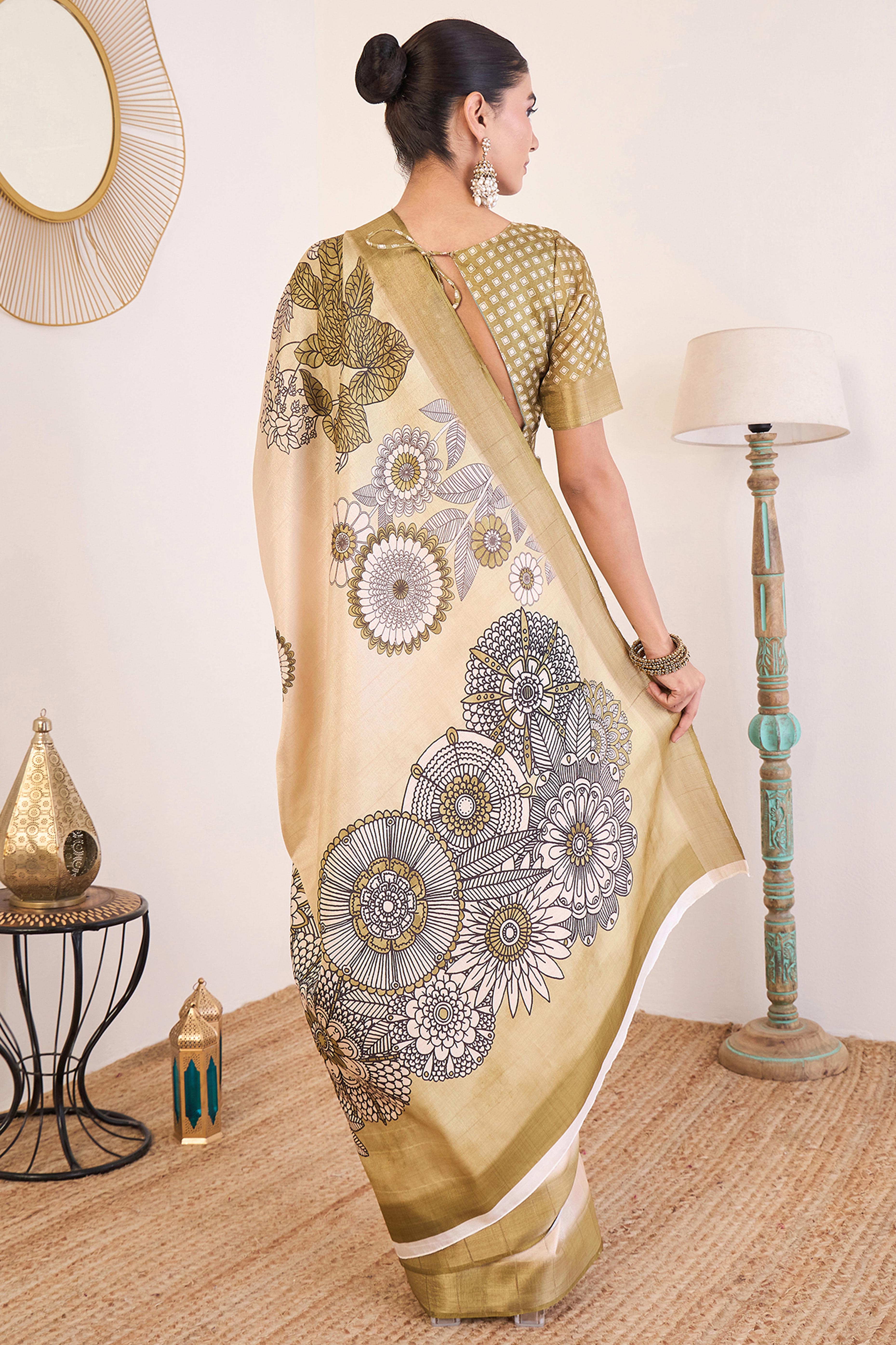 Elegant Mehendi Green Floral Printed Kotha Cotton Silk Saree Reflecting Subtle Sophistication
