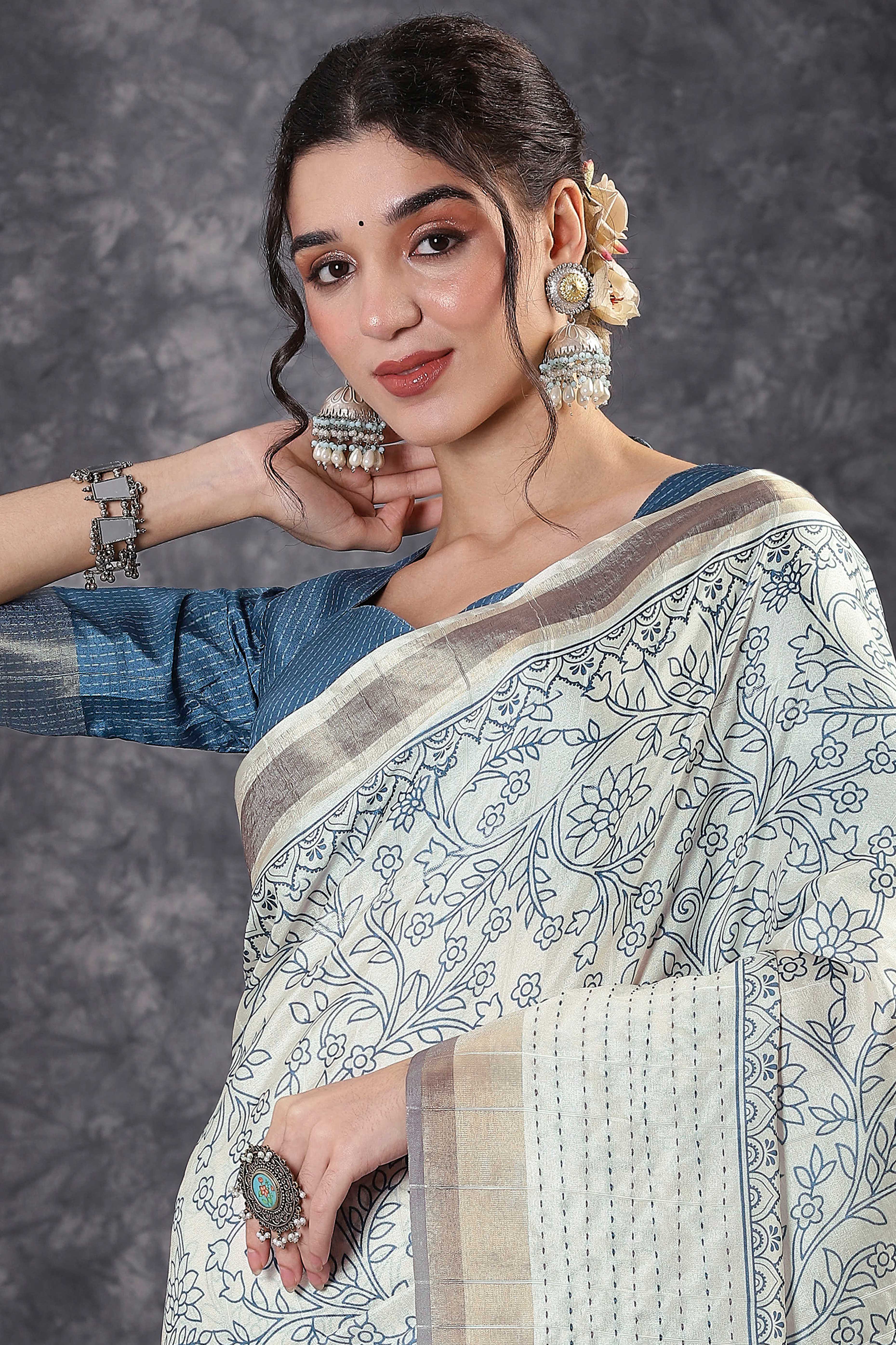 Offwhite & Blue Floral Printed Kotha Cotton Silk Saree With Beautifully Crafted Katha Embroidery