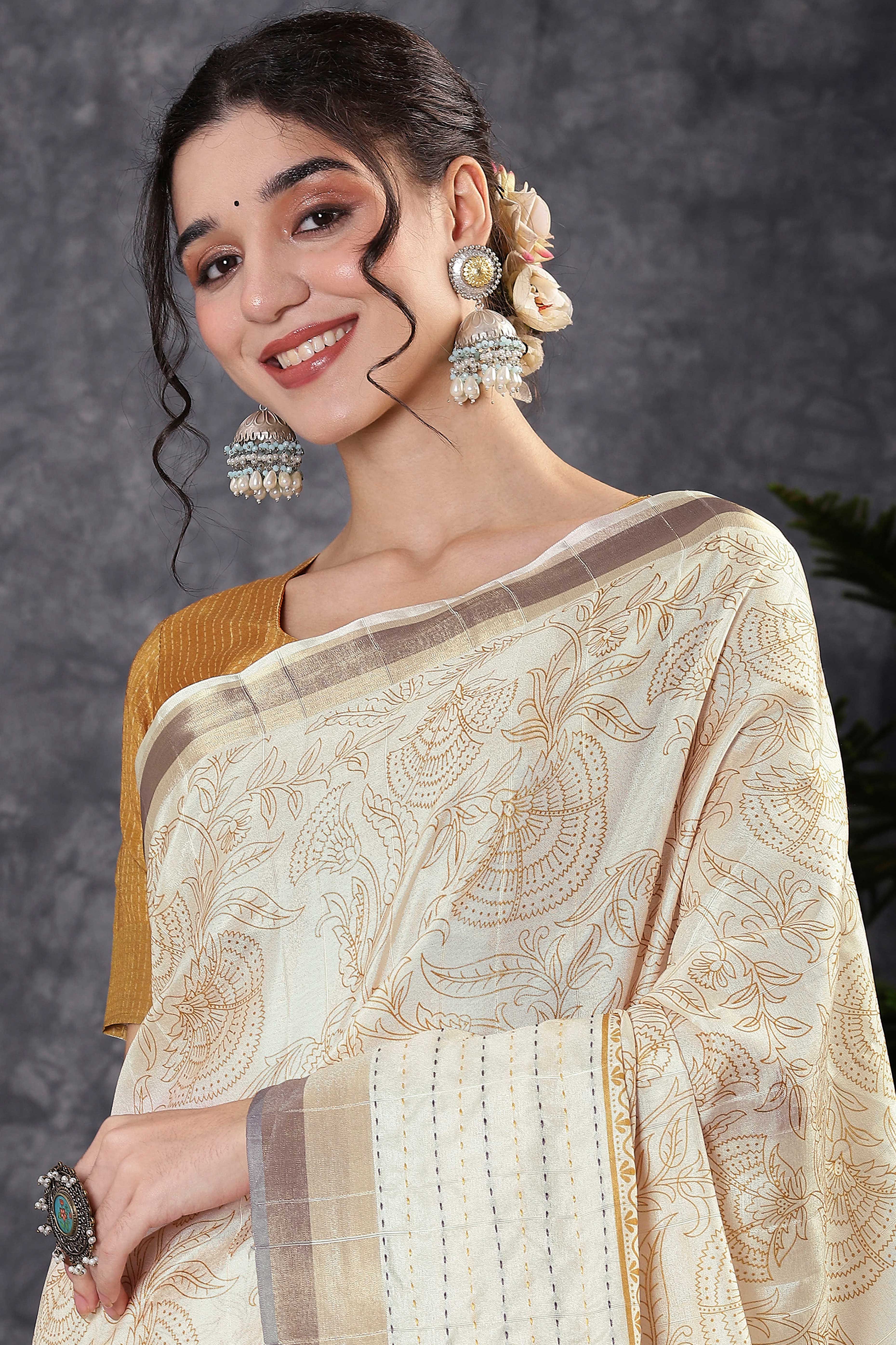 Offwhite & Mustard Floral Printed Kotha Cotton Silk Saree With Beautifully Crafted Katha Embroidery