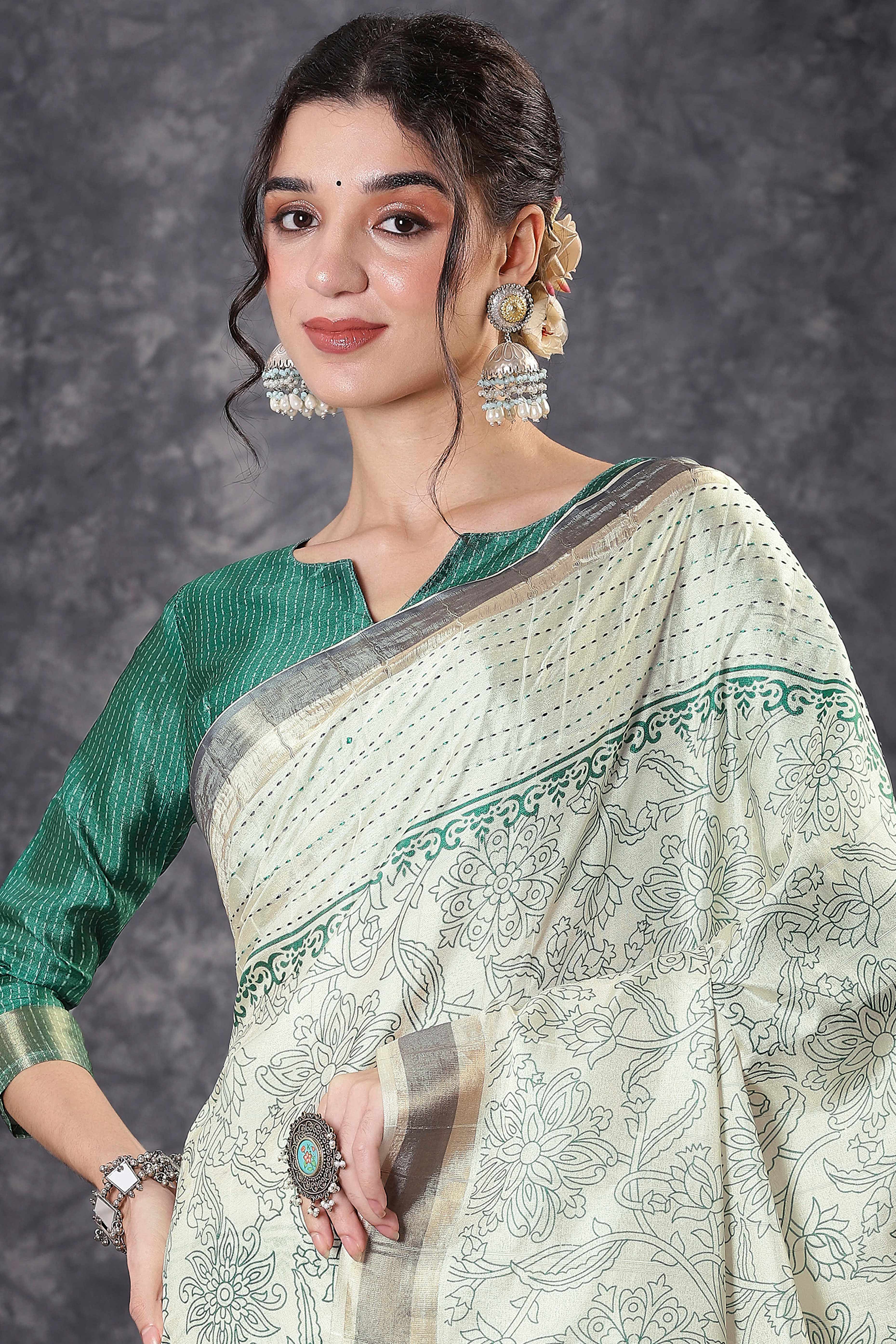 Offwhite & Rama Floral Printed Kotha Cotton Silk Saree With Beautifully Crafted Katha Embroidery