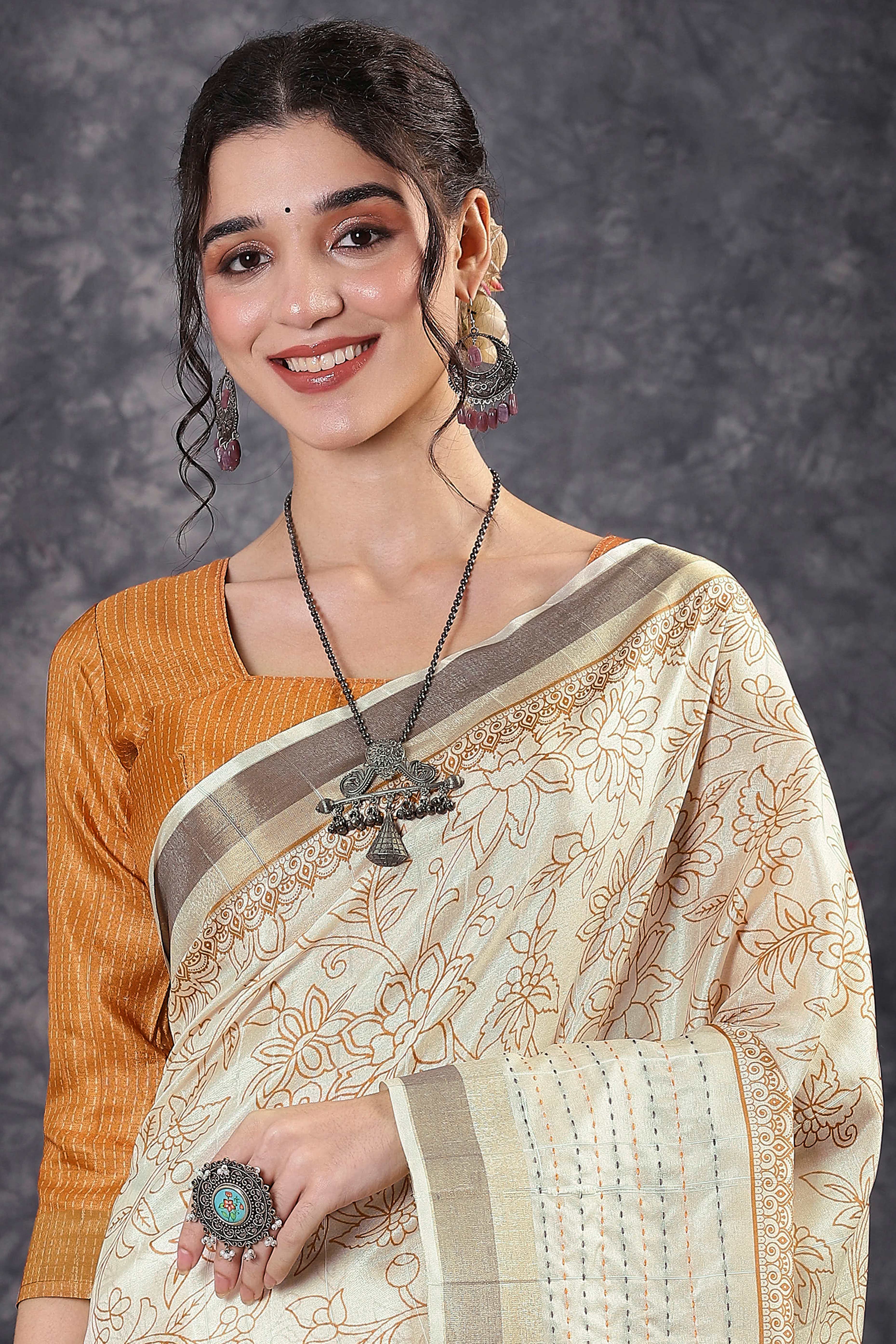 Offwhite & Orange Floral Printed Kotha Cotton Silk Saree With Beautifully Crafted Katha Embroidery
