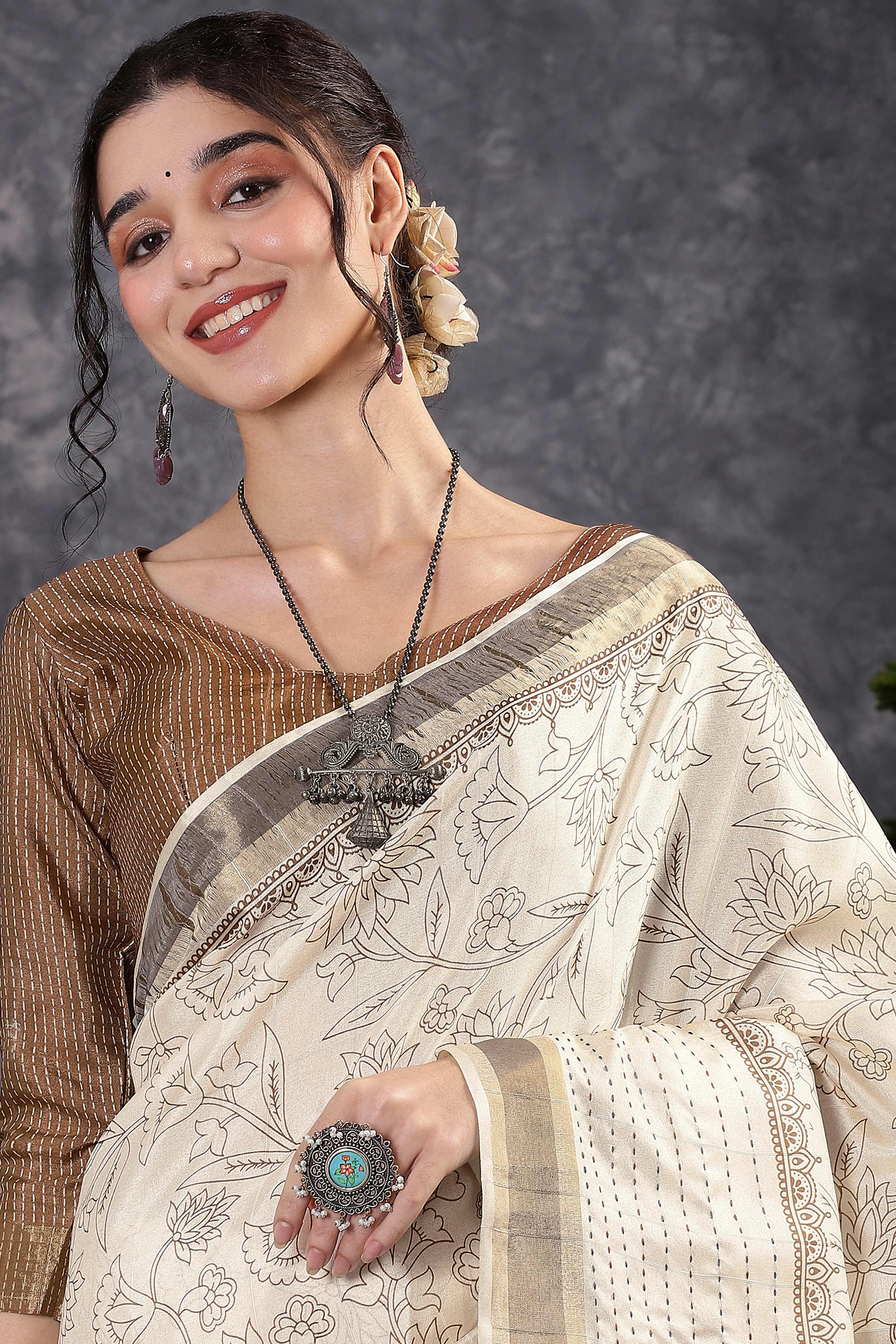 Offwhite & Brown Floral Printed Kotha Cotton Silk Saree With Beautifully Crafted Katha Embroidery