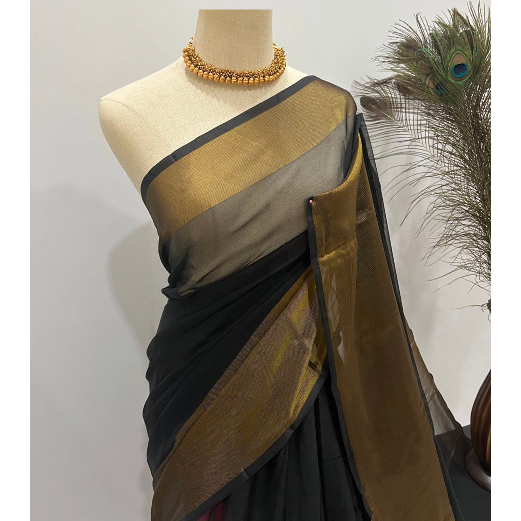 Black Woven Chiffon Saree With Zari Border