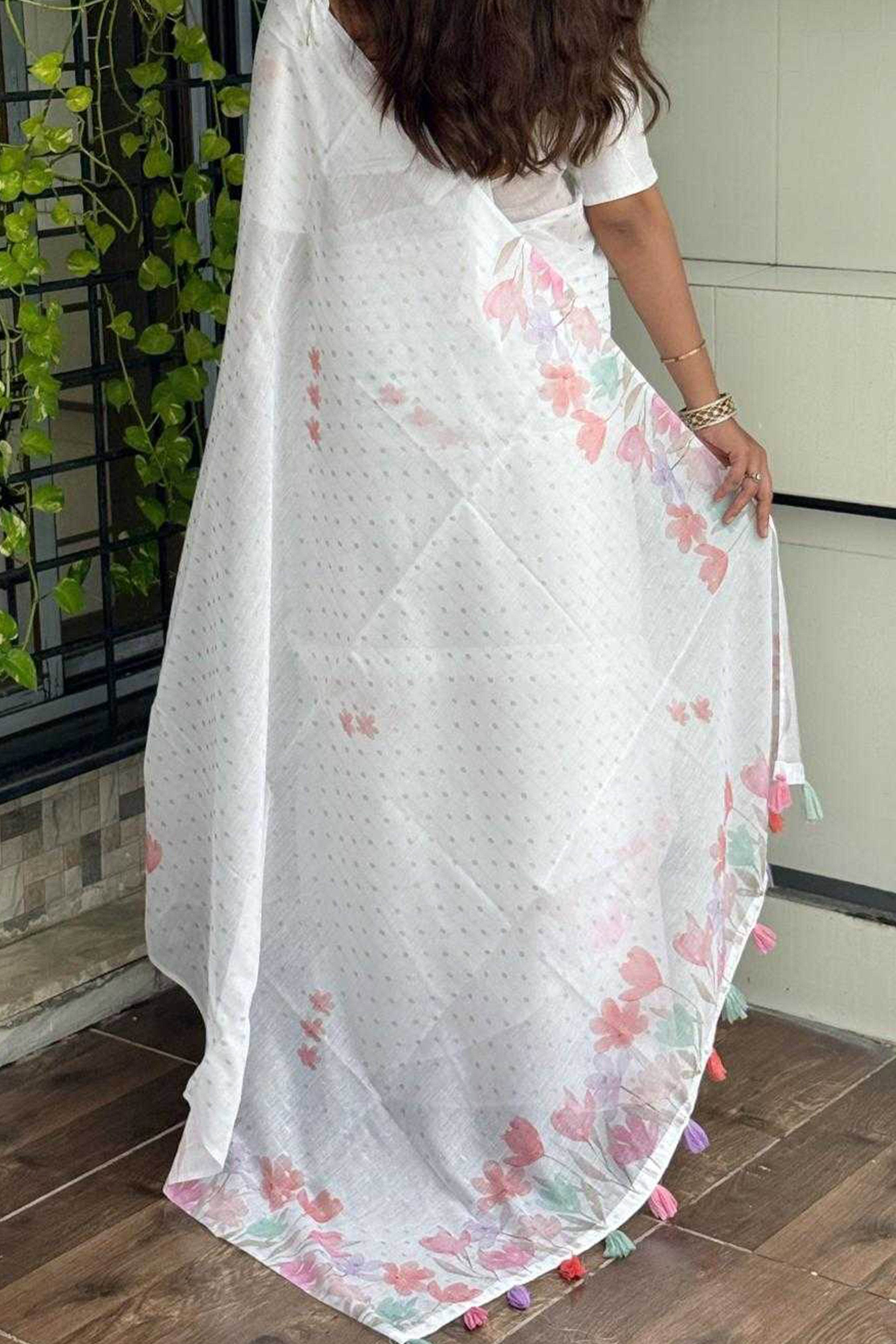 White Linen Cotton Saree with Beautiful and Vibrant Digital Printed Designs