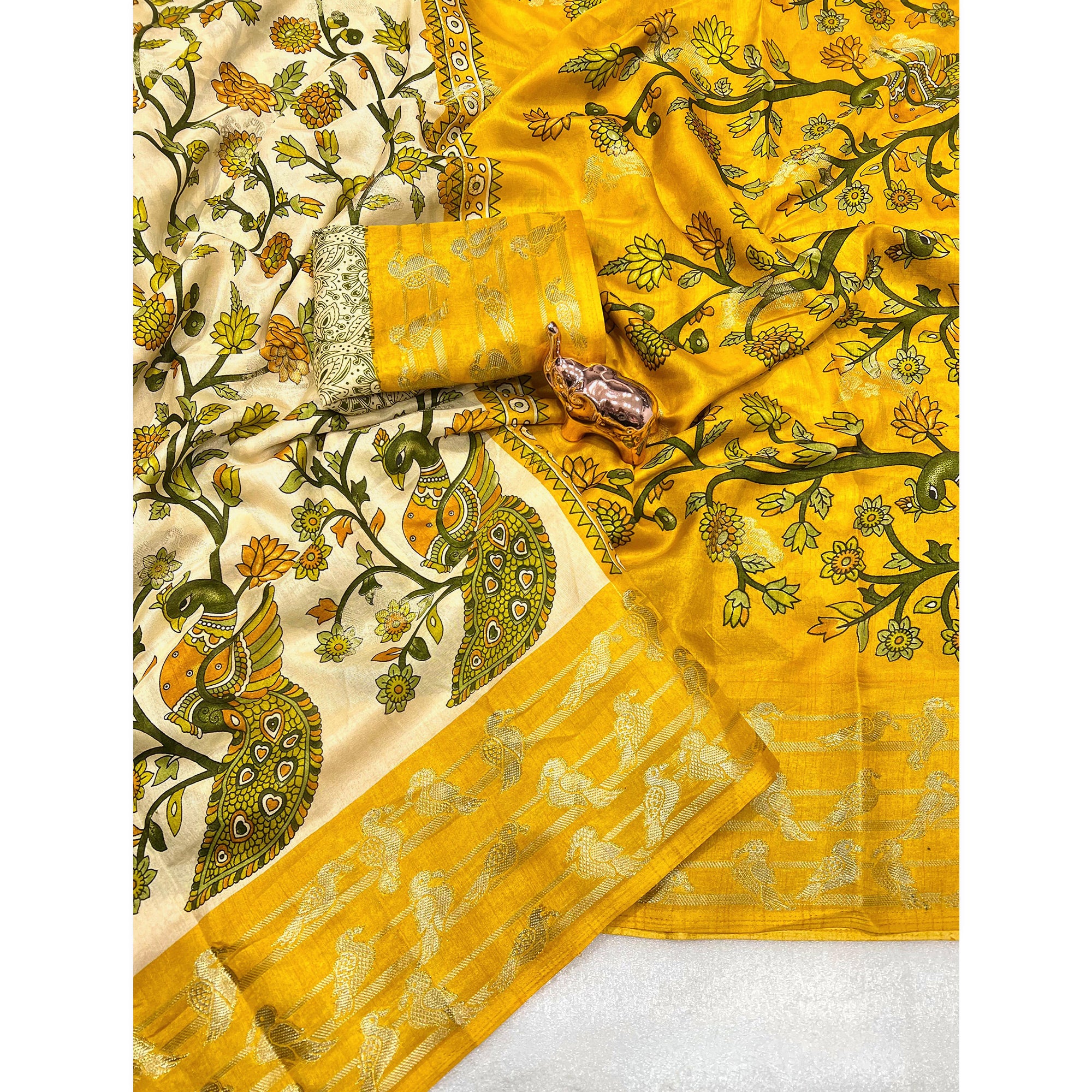 Elegant Cream & Yellow Cotton Blend Saree Adorned With Vibrant Peacock Floral Print