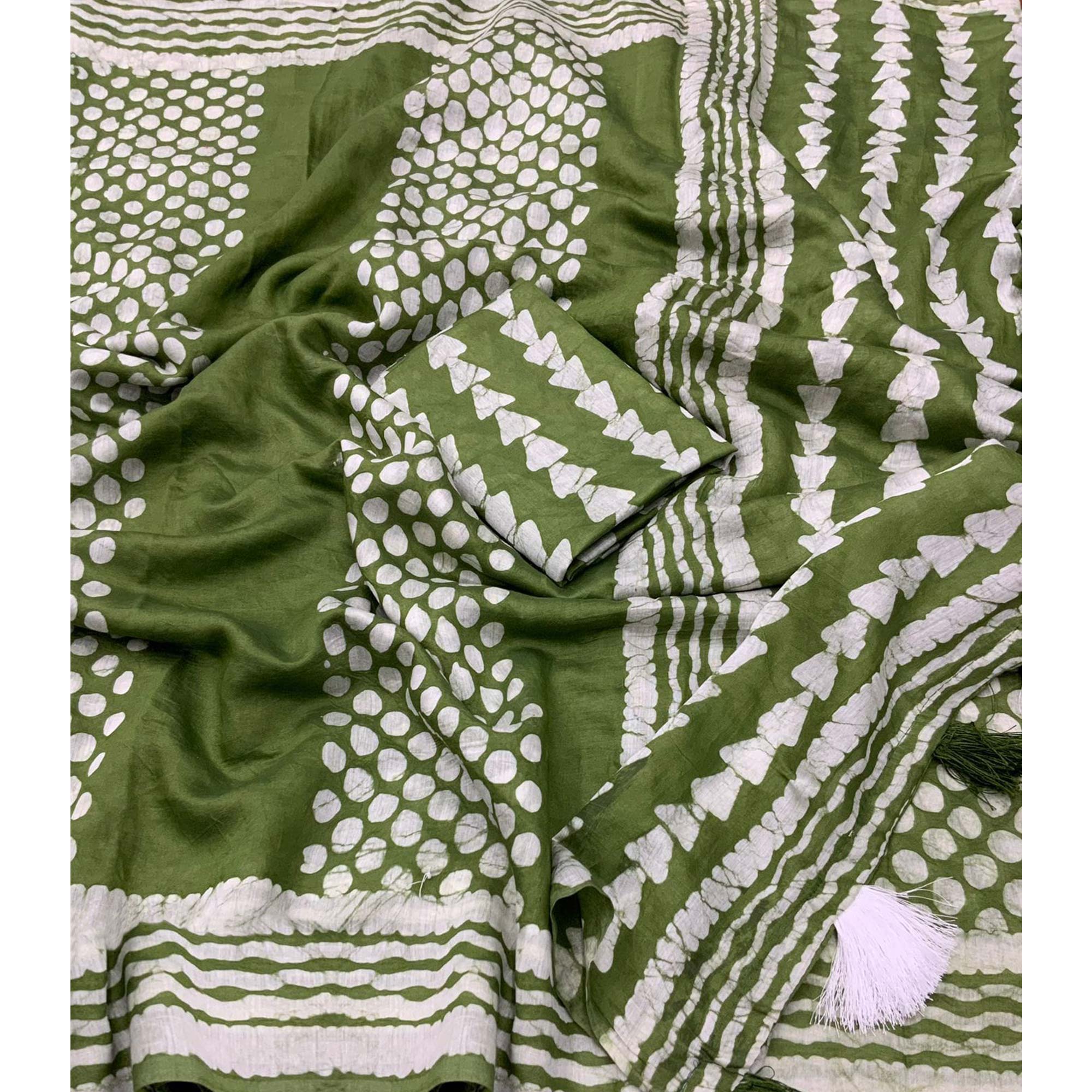 Green Printed Chanderi Saree With Tassels