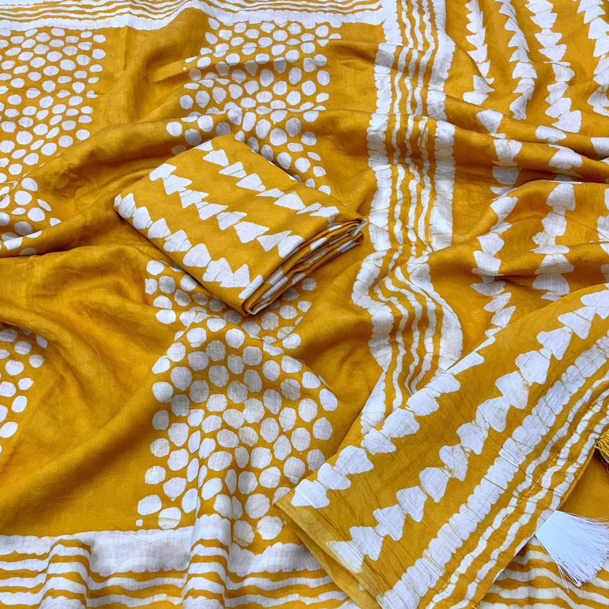 Mustard Printed Chanderi Saree With Tassels