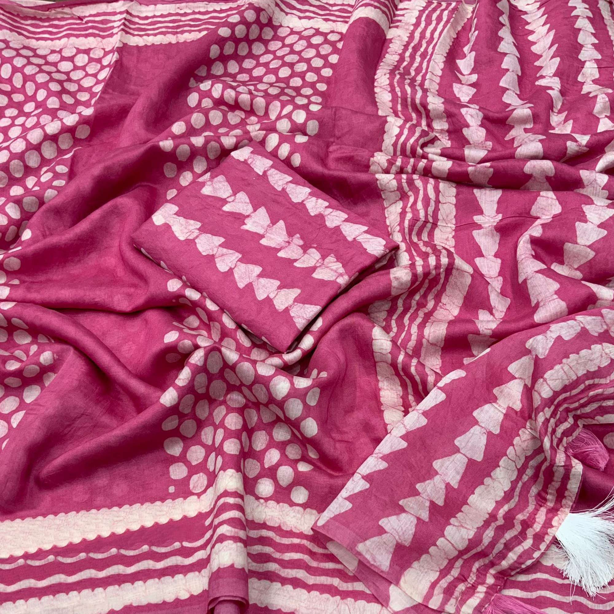 Pink Printed Chanderi Saree With Tassels