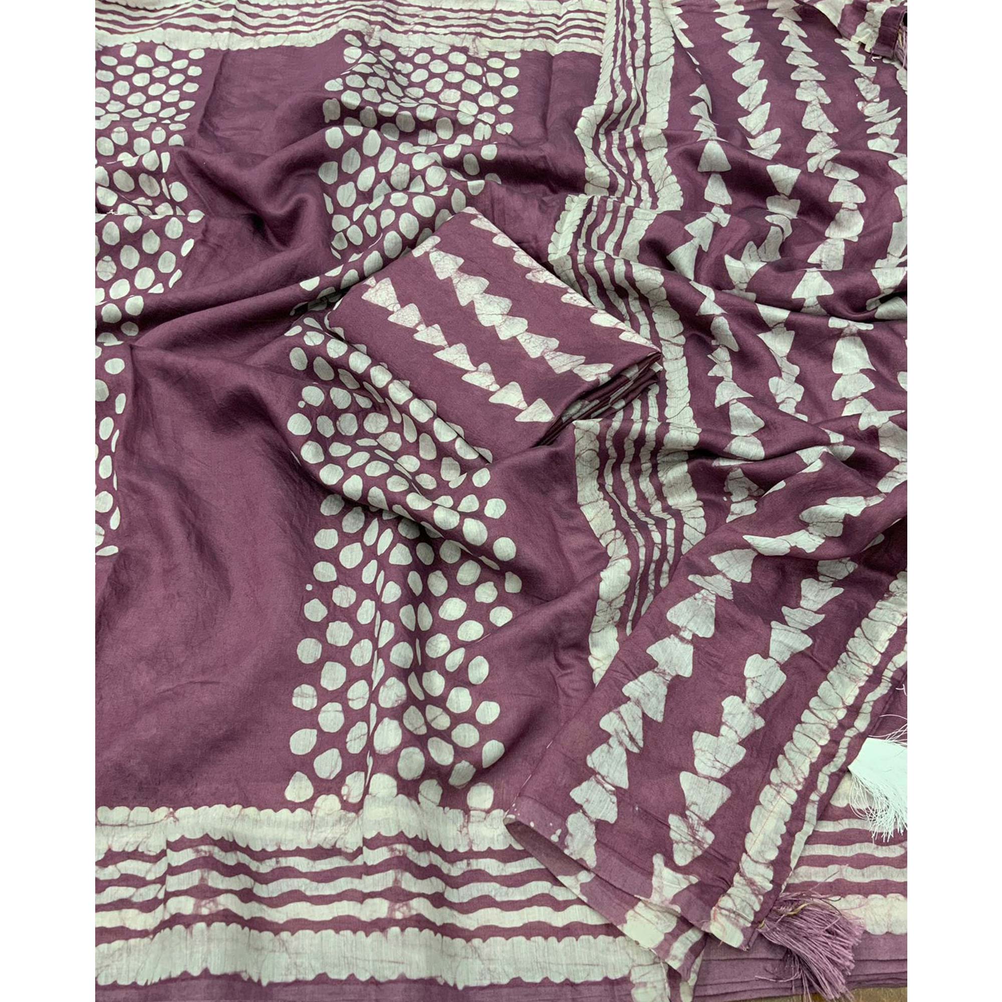 Purple Printed Chanderi Saree With Tassels