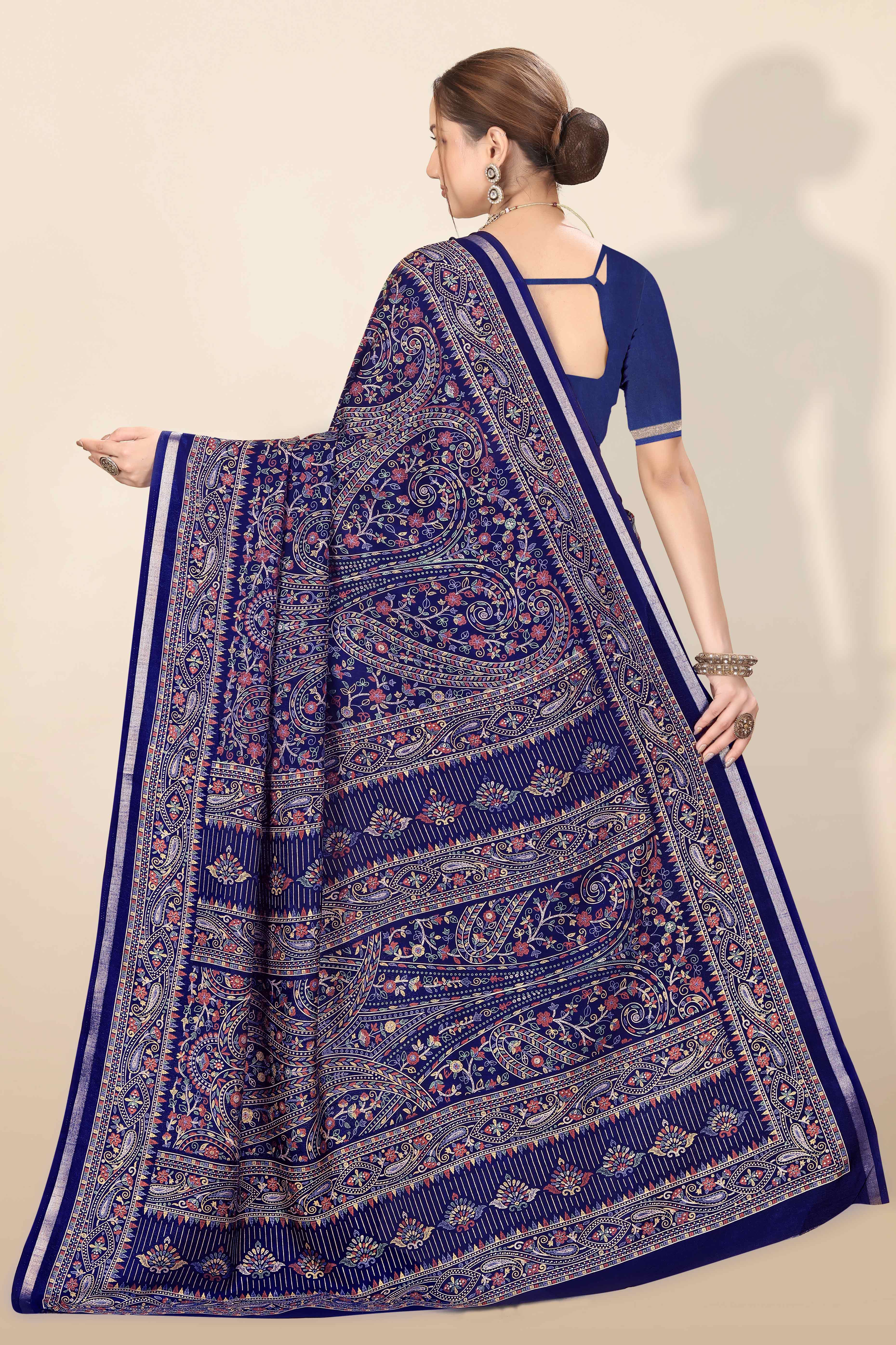 Navy Blue Floral Printed Dola Kashmiri Dola Silk Saree Highlighted With Rich Golden Zari Border
