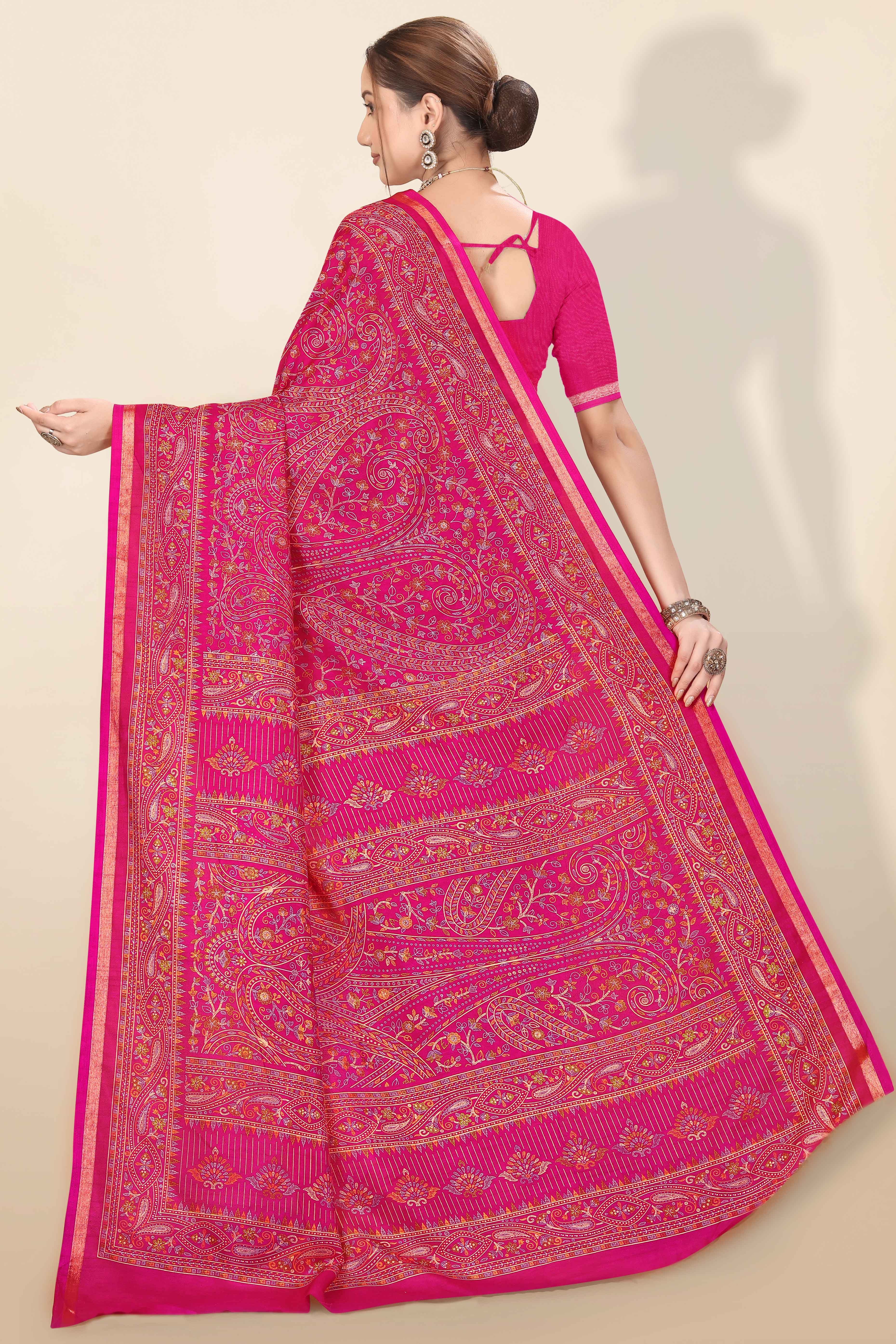 Pink Floral Printed Dola Kashmiri Dola Silk Saree Highlighted With Rich Golden Zari Border
