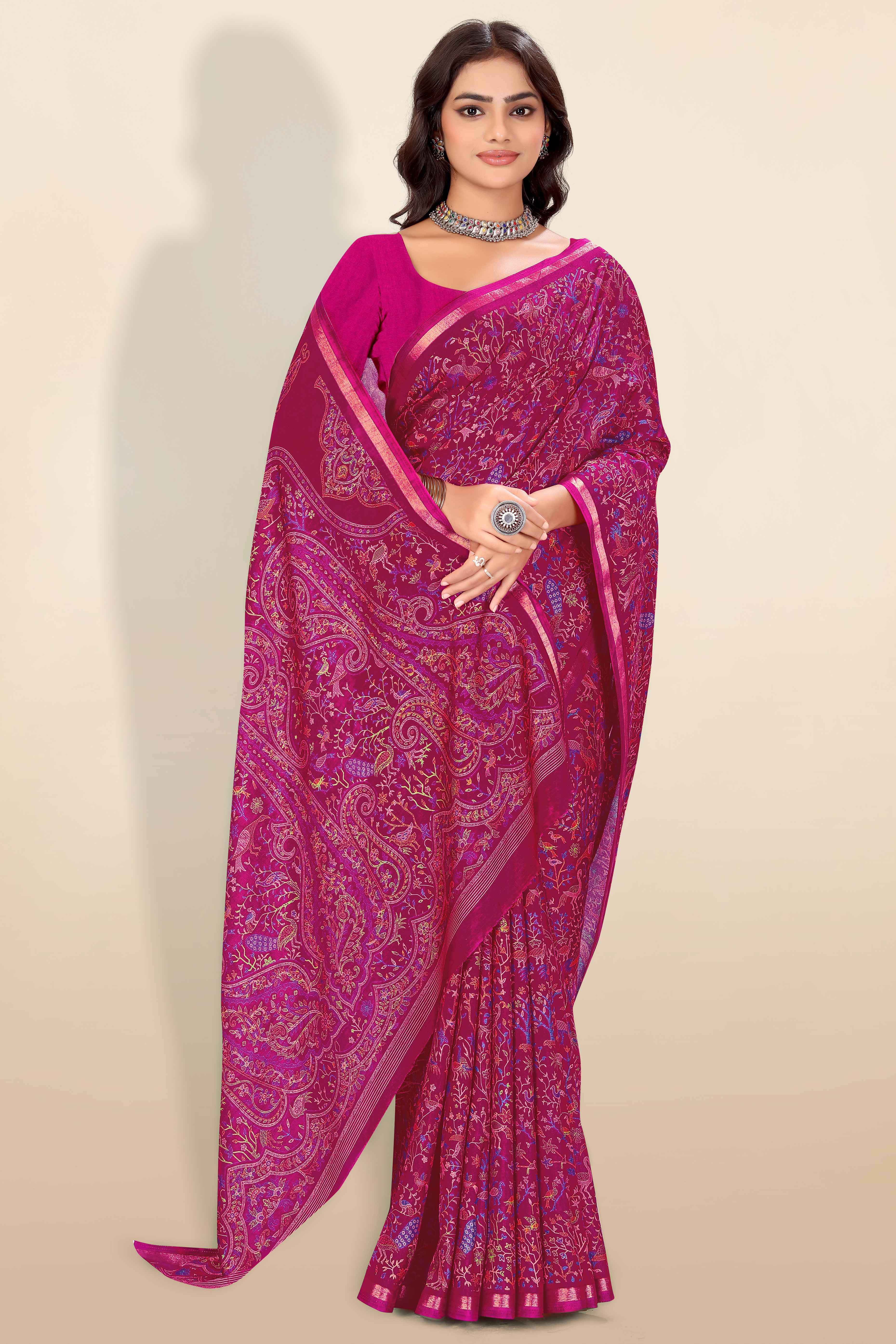 Dark Magenta Tussar Silk Blend Saree with Intricate Floral & Bird Kashmiri Print & Zari Border
