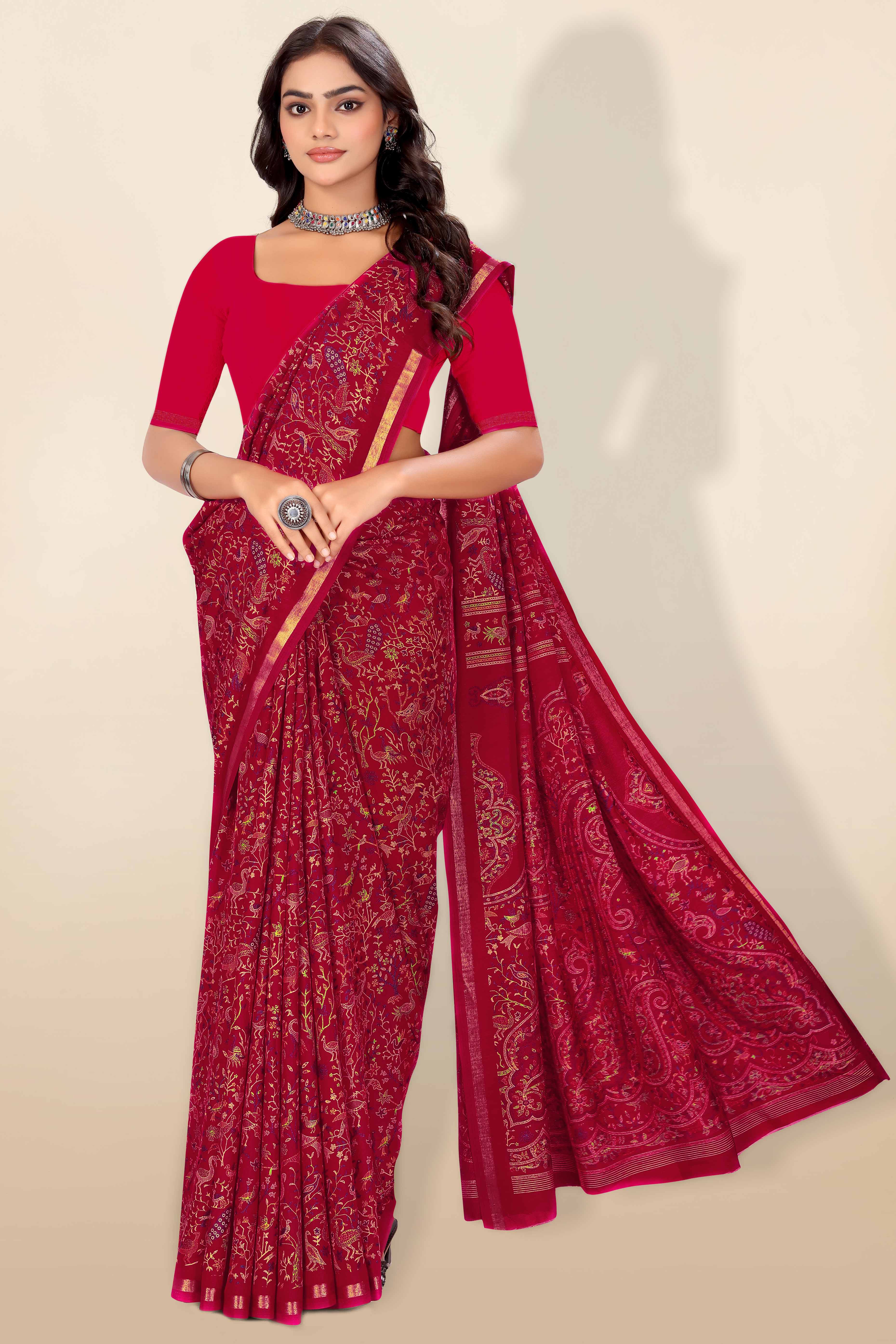 Pink Tussar Silk Blend Saree with Intricate Floral & Bird Kashmiri Print & Elegant Zari Border
