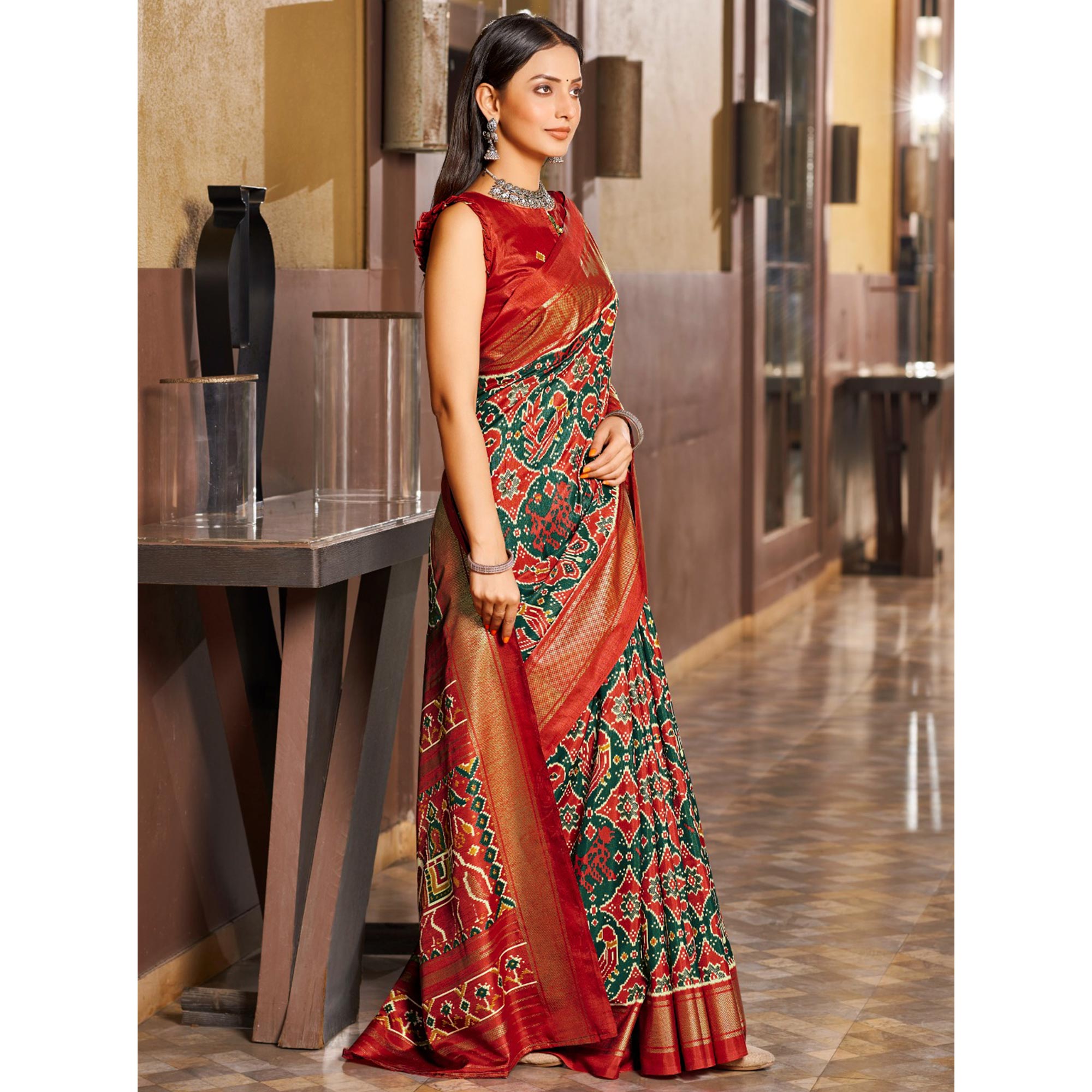 Green & Red Patola Printed Viscose Saree With Zari Border