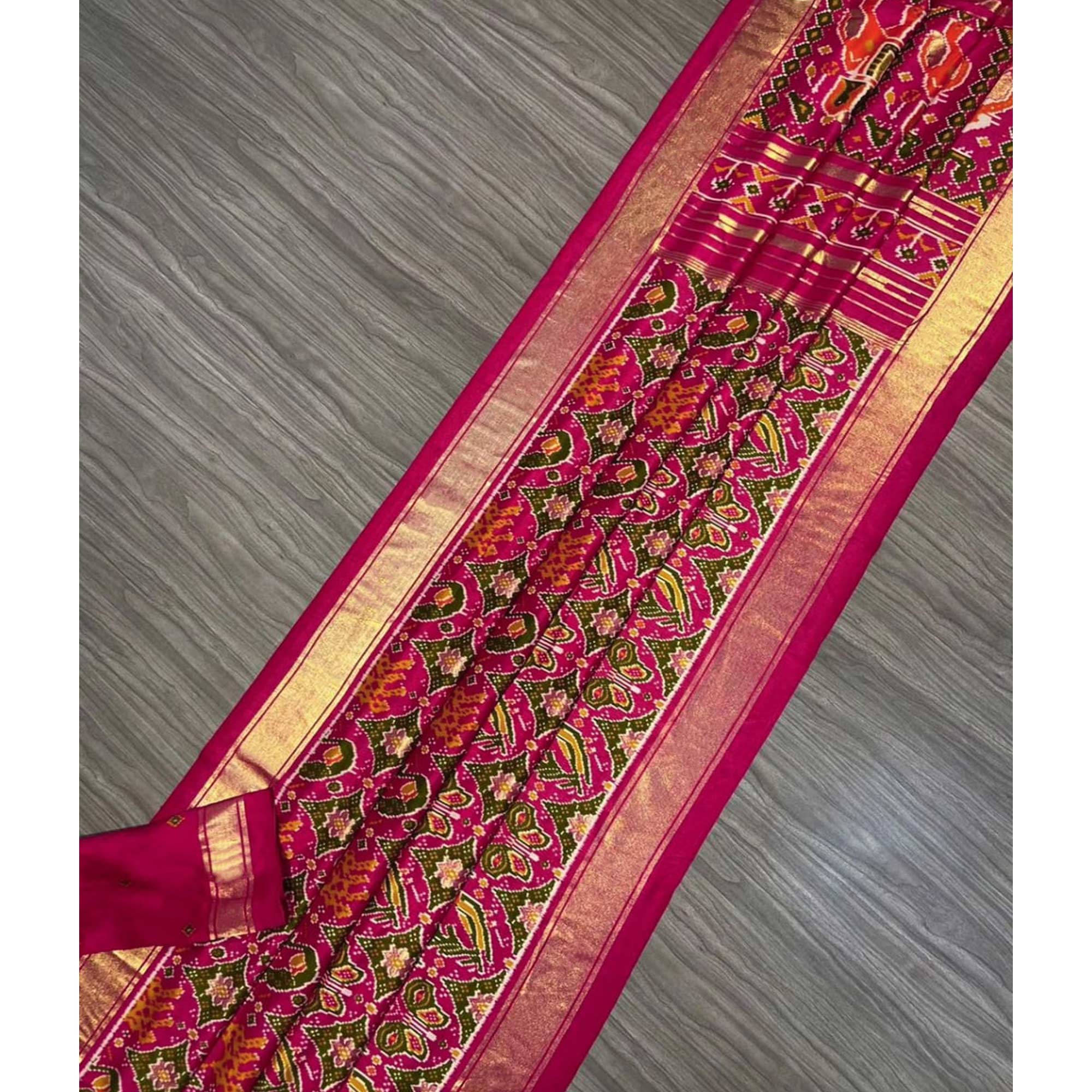 Pink & Green Patola Printed Viscose Saree With Zari Border