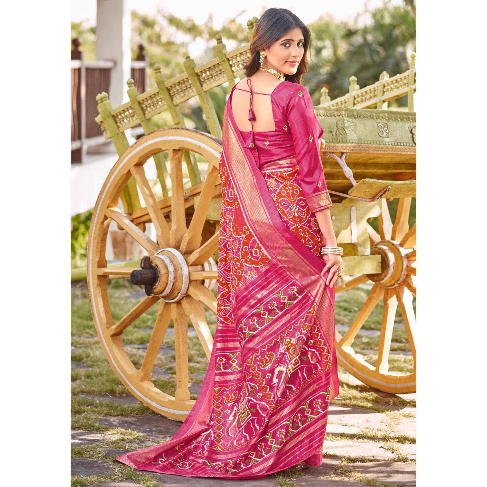 Pink & Orange Patola Printed Viscose Saree With Zari Border