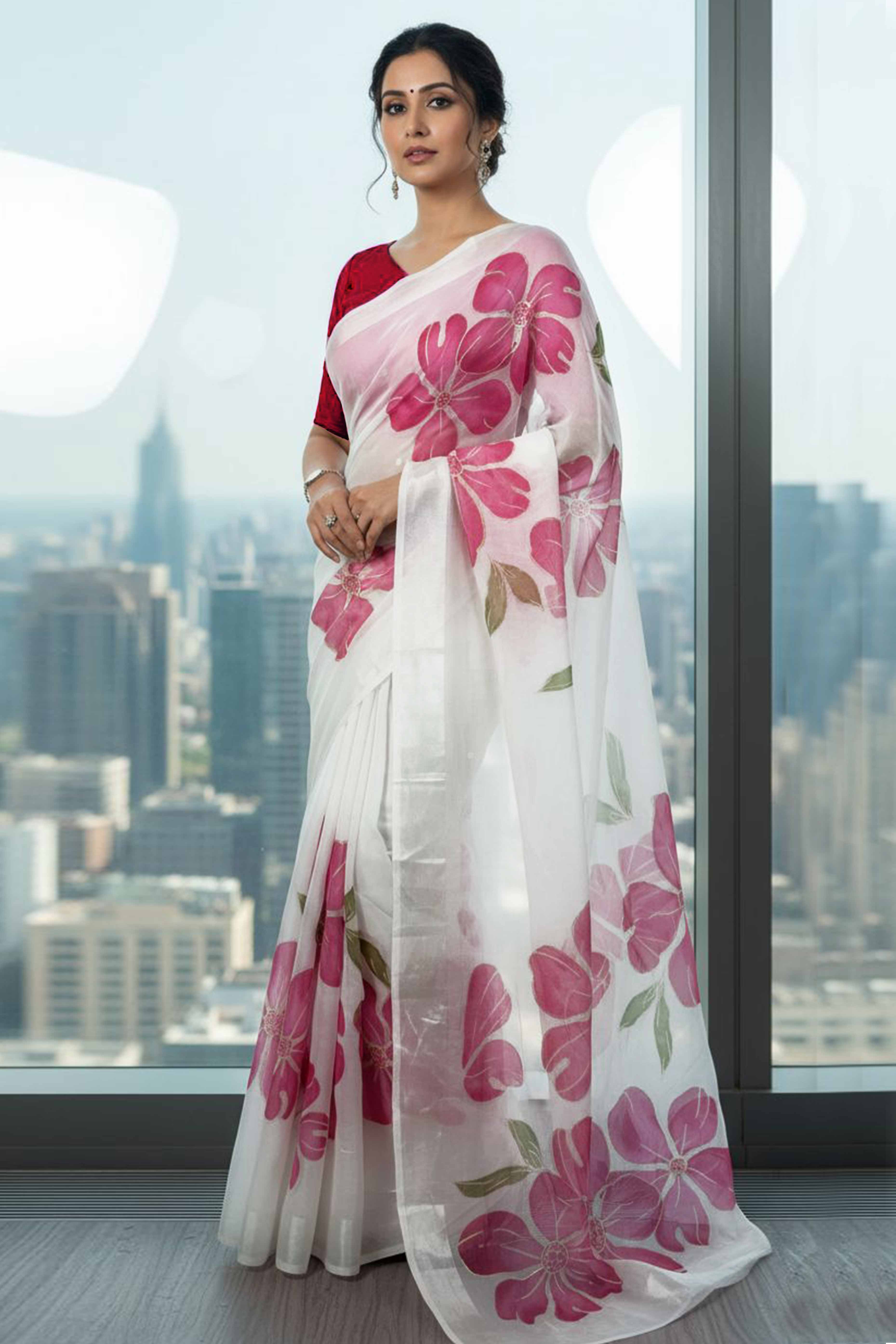 Vibrant White & Pink Floral Foil Printed Organza Saree With Designer Unstitched Blouse