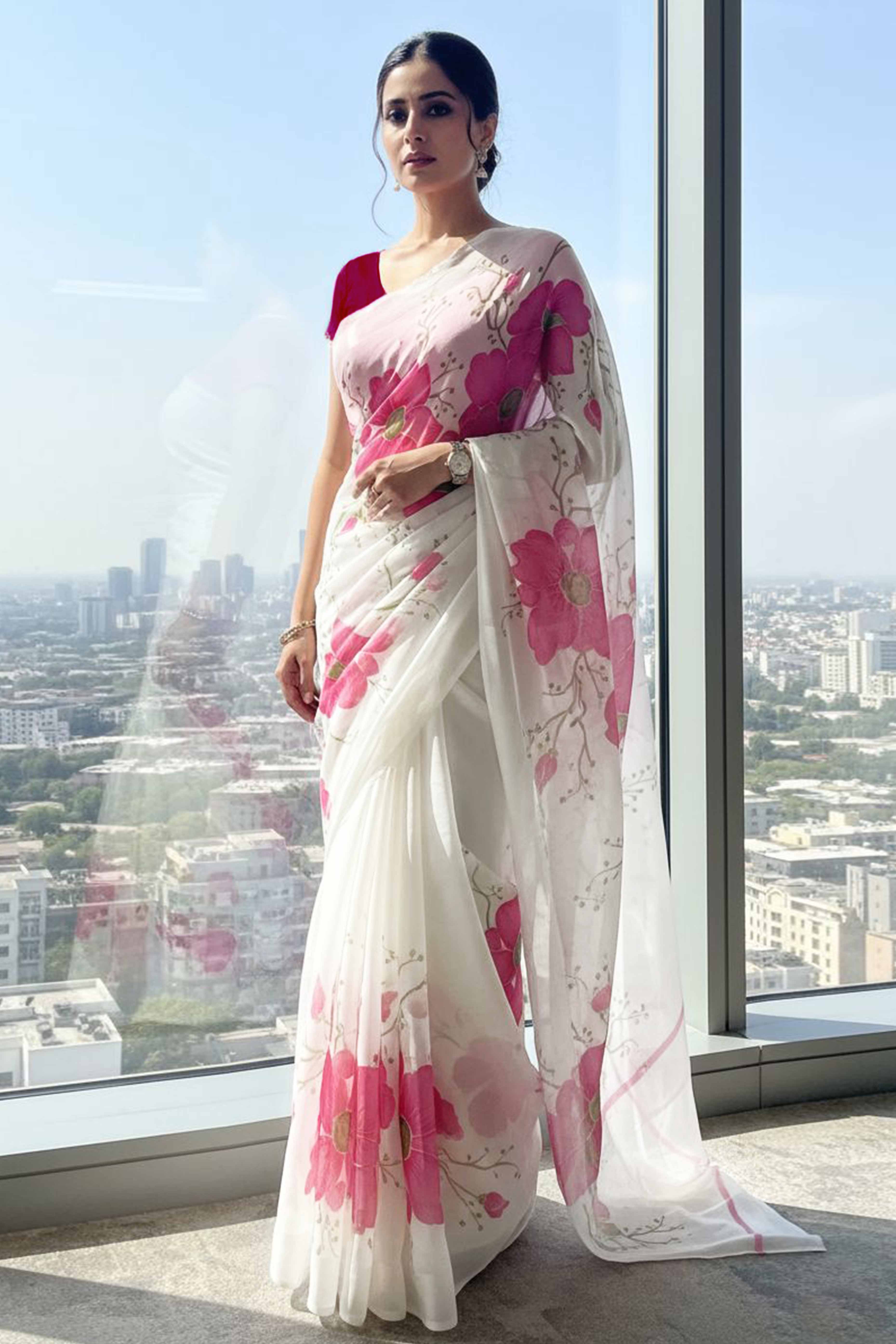 Vibrant White & Pink Floral Foil Printed Organza Saree With Designer Unstitched Blouse