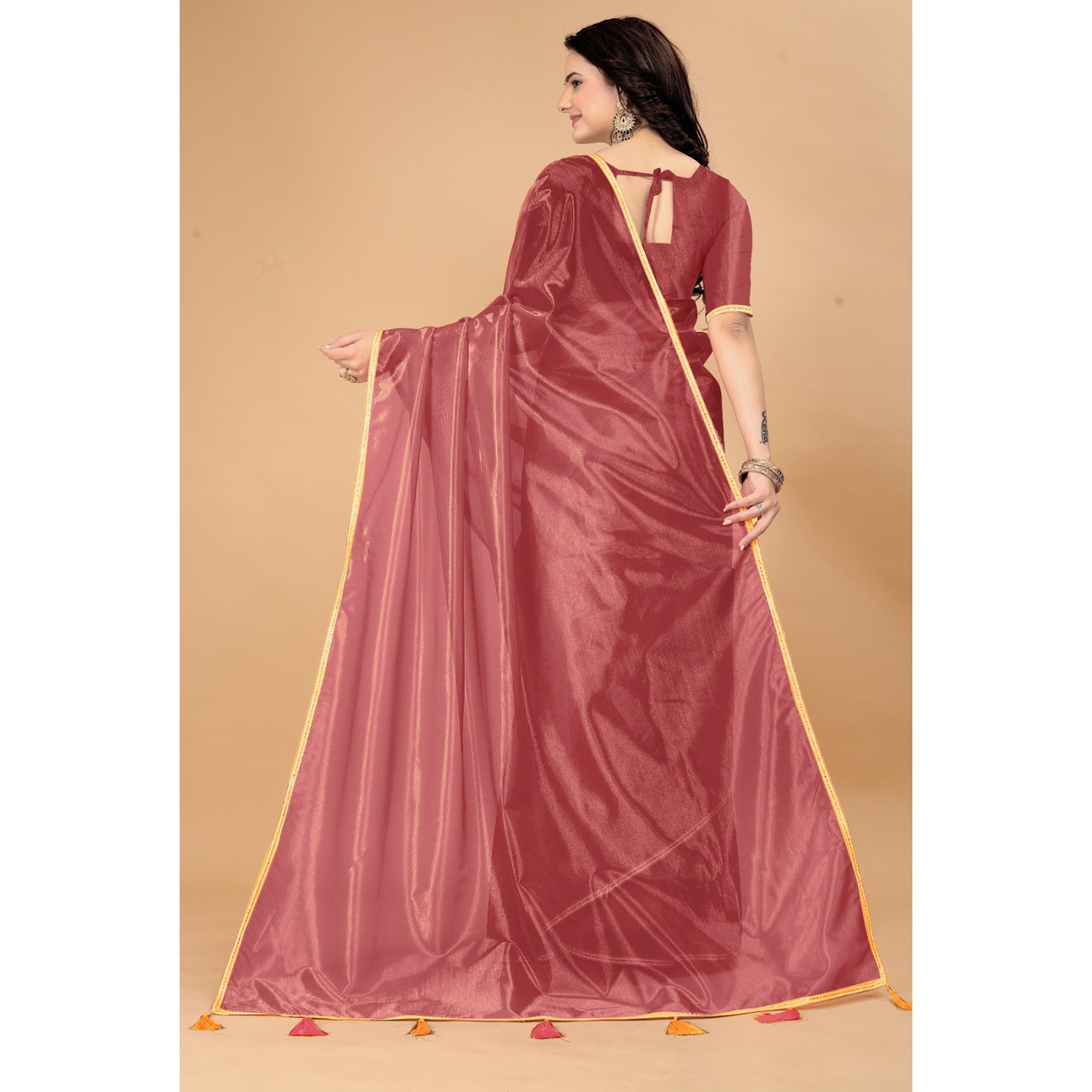 Brick Red Solid Nylon Saree With Lace Border