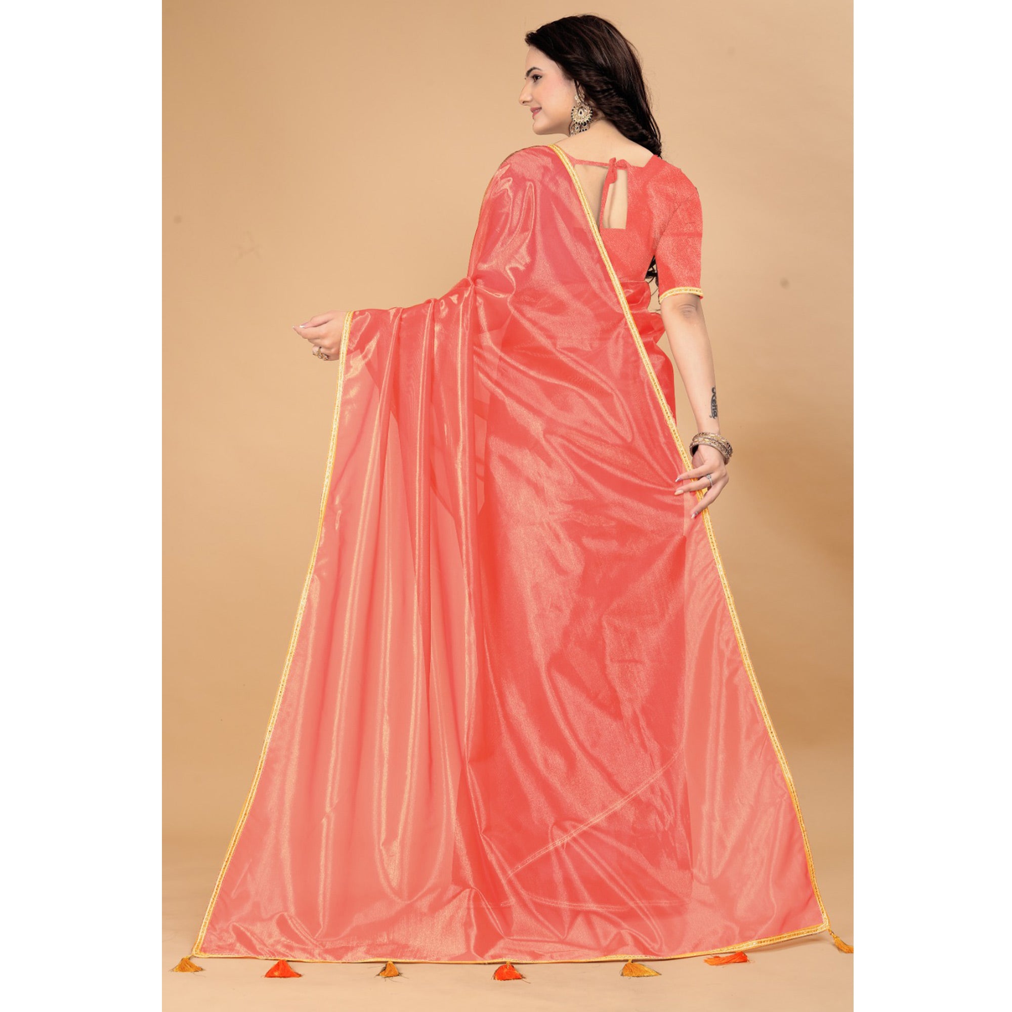 Dark Peach Solid Nylon Saree With Lace Border