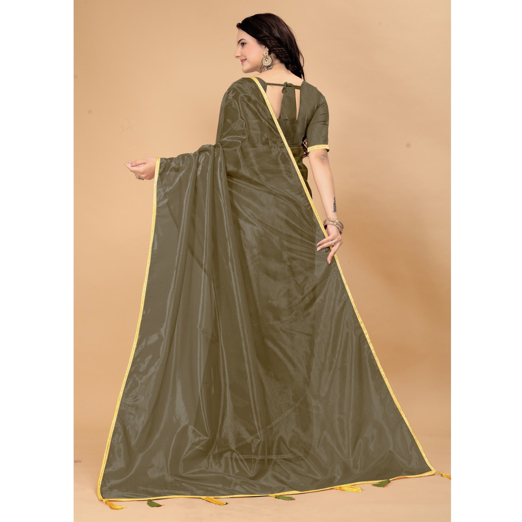 Mehendi Green Solid Nylon Saree With Lace Border