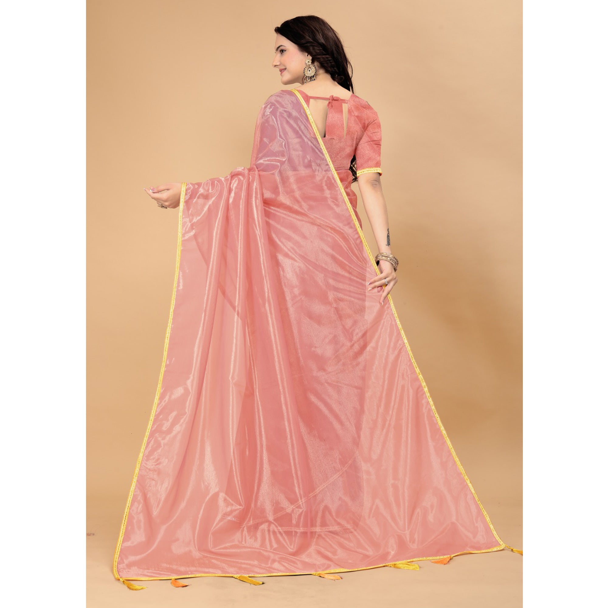 Peach Solid Nylon Saree With Lace Border