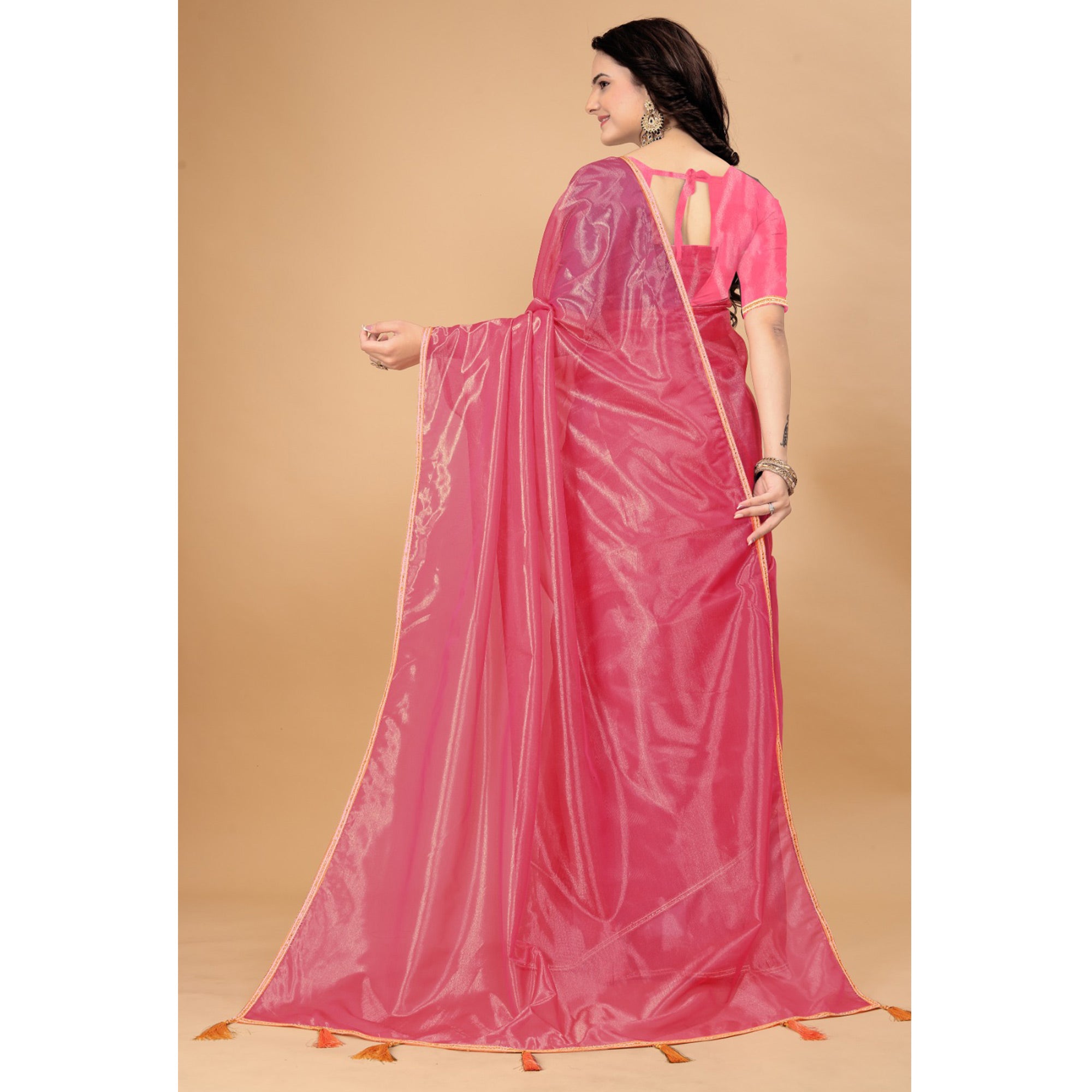 Pink Solid Nylon Saree With Lace Border