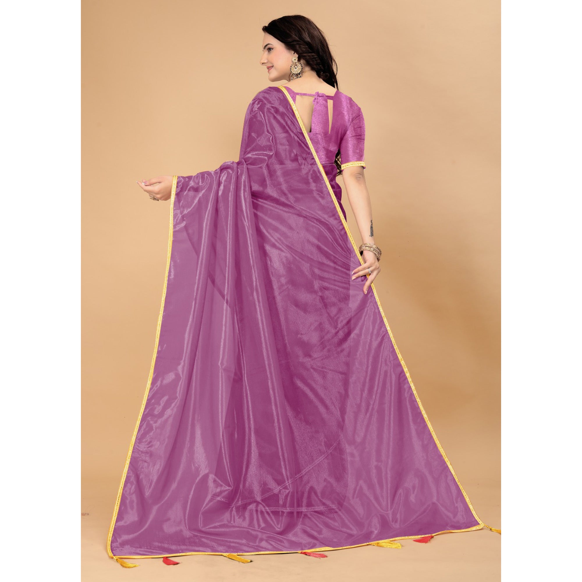 Purple Solid Nylon Saree With Lace Border