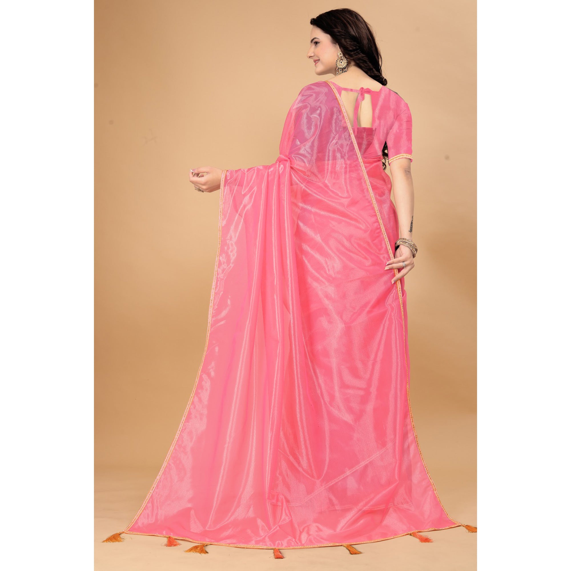 Rose Pink Solid Nylon Saree With Lace Border