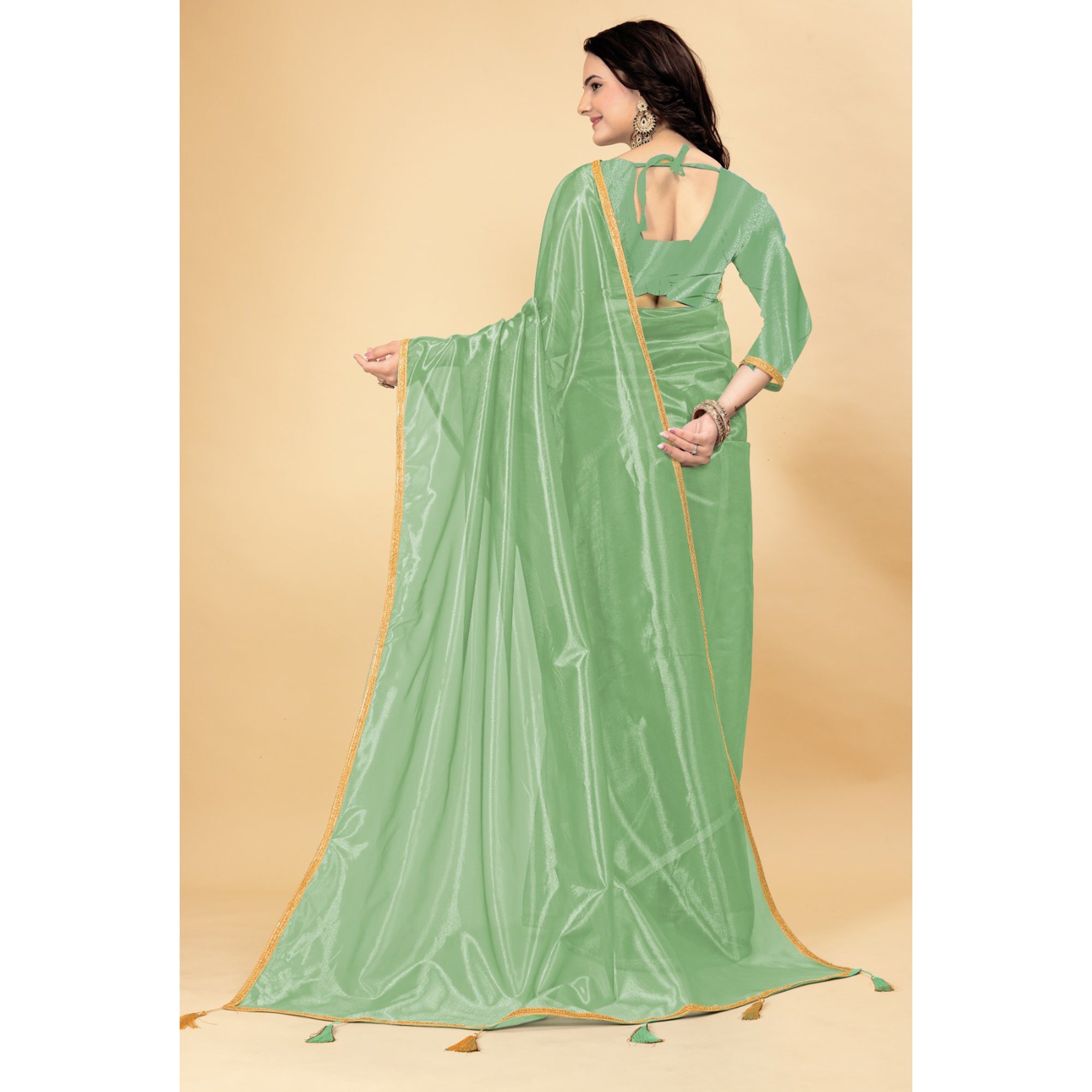 Sea Green Solid Nylon Saree With Lace Border