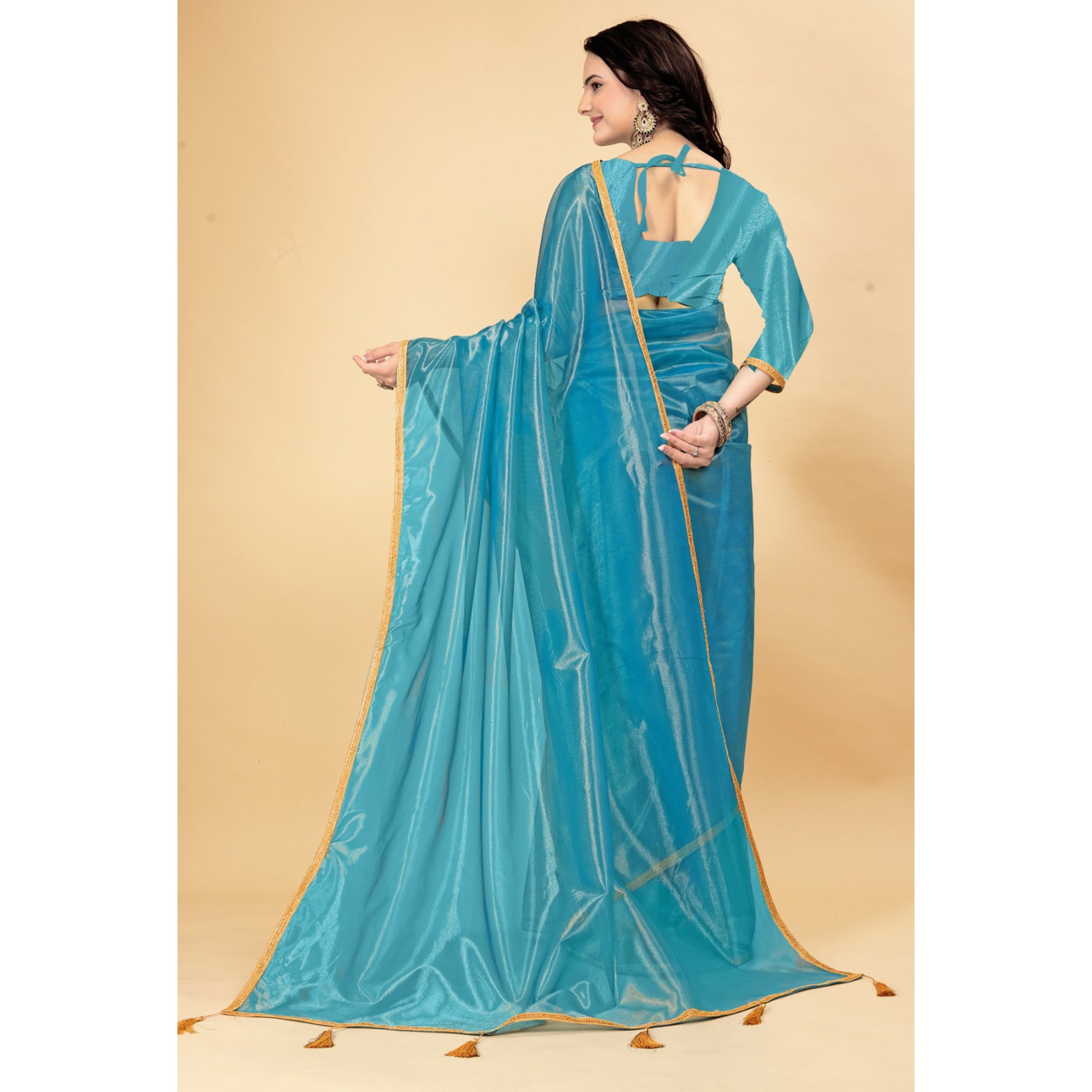 Teal Blue Solid Nylon Saree With Lace Border