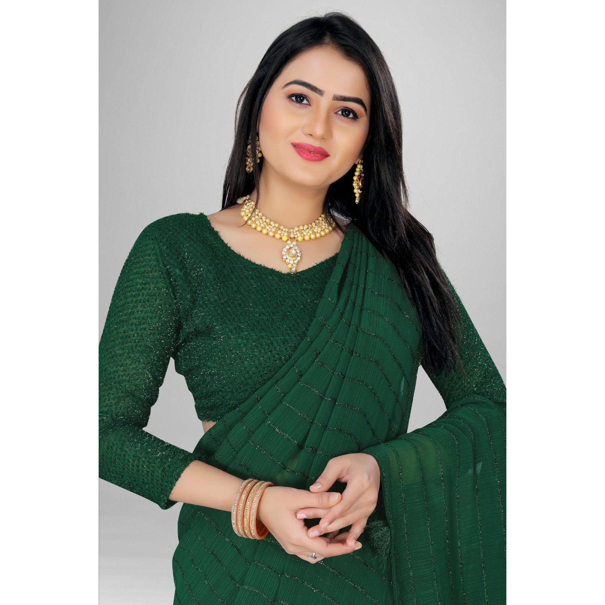 Green Woven Chiffon Saree with Tassels