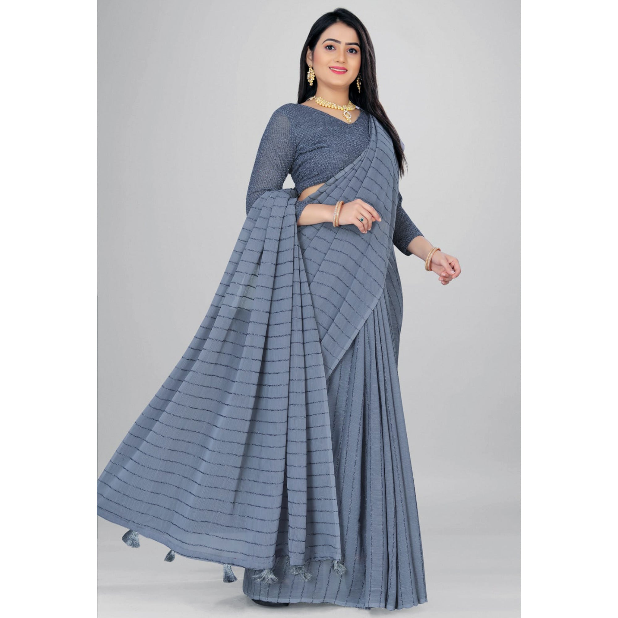 Grey Woven Chiffon Saree with Tassels