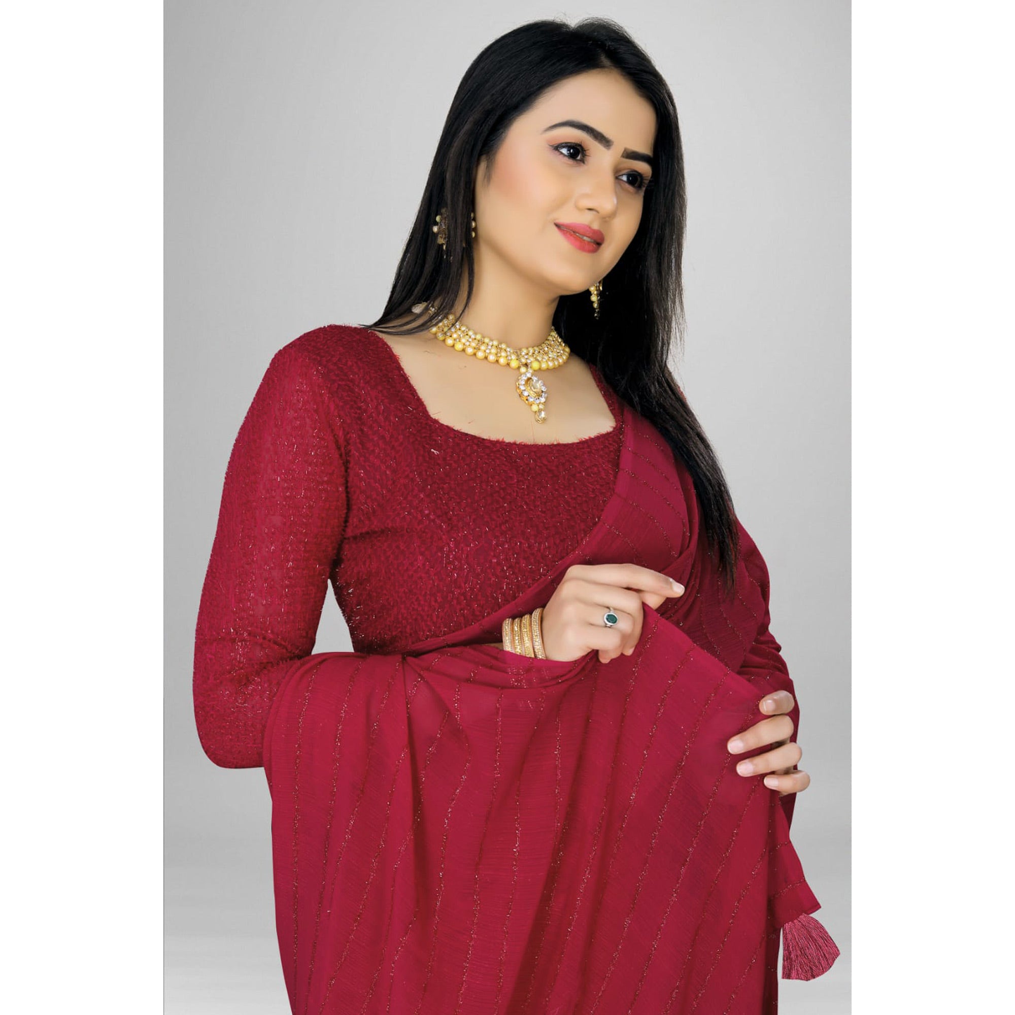 Rani Pink Woven Chiffon Saree with Tassels