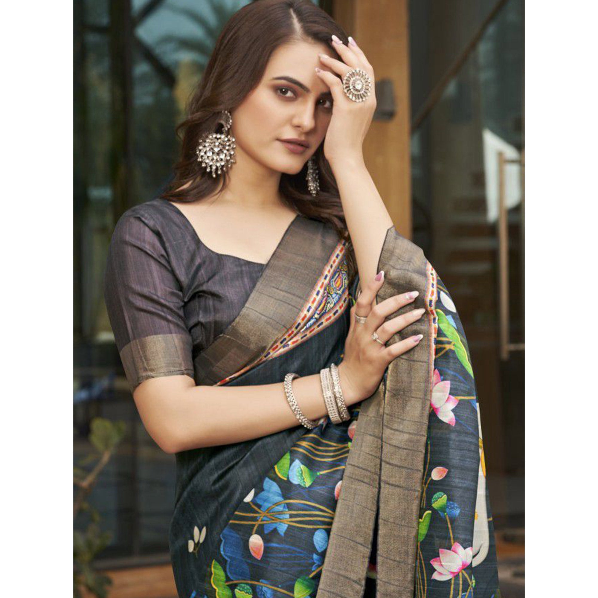 Black Floral Digital Printed Tussar Silk Saree