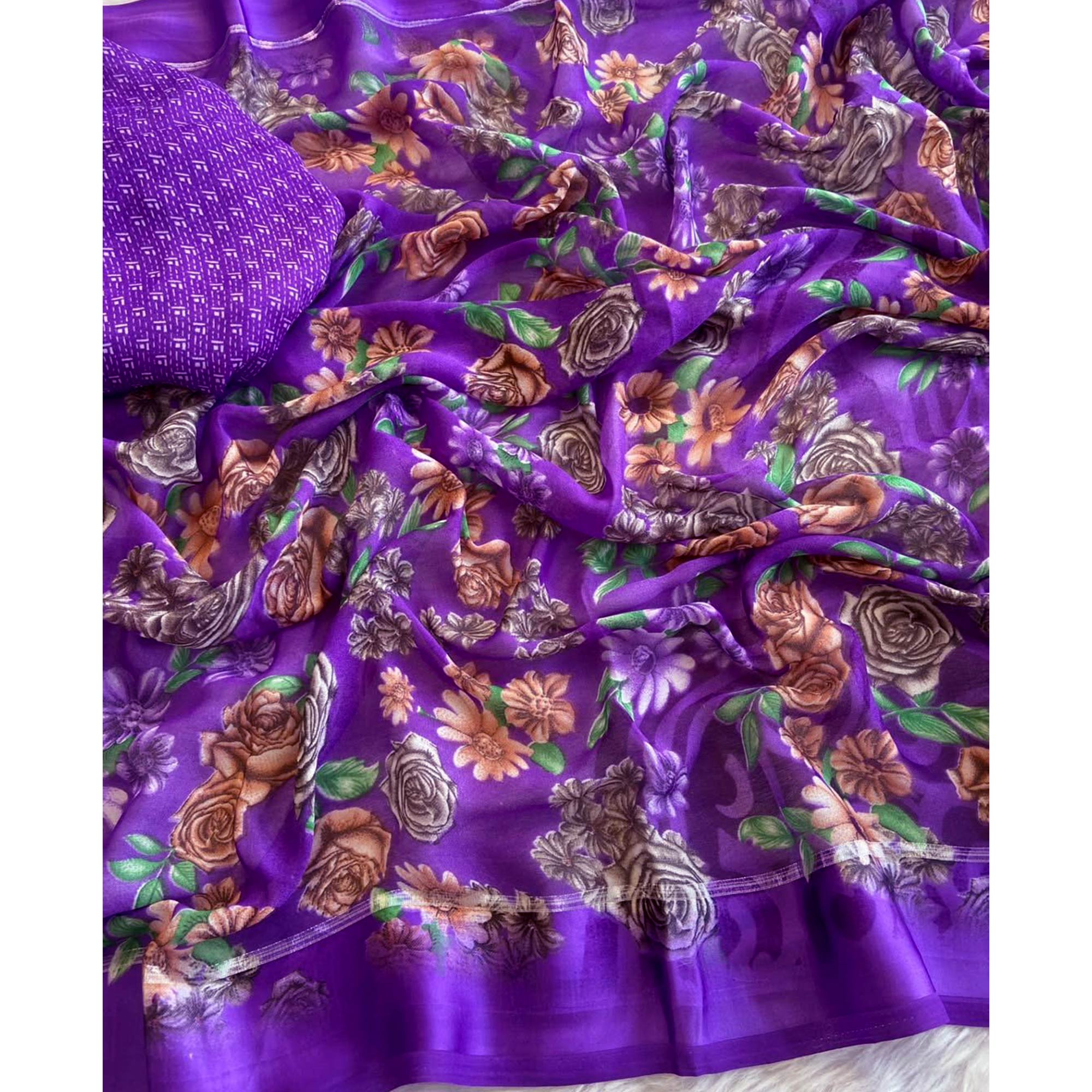 Violet Floral Printed Georgette Saree With Zari Border