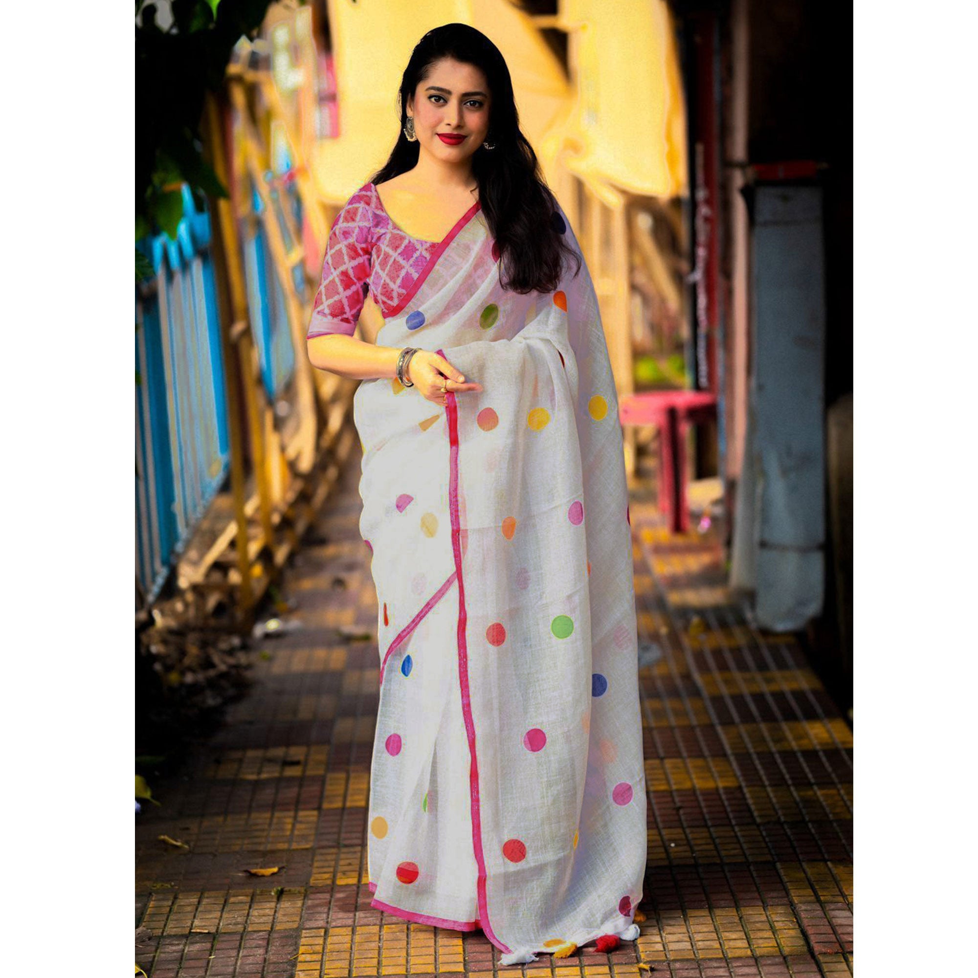 White Polka Dot Printed Linen Saree