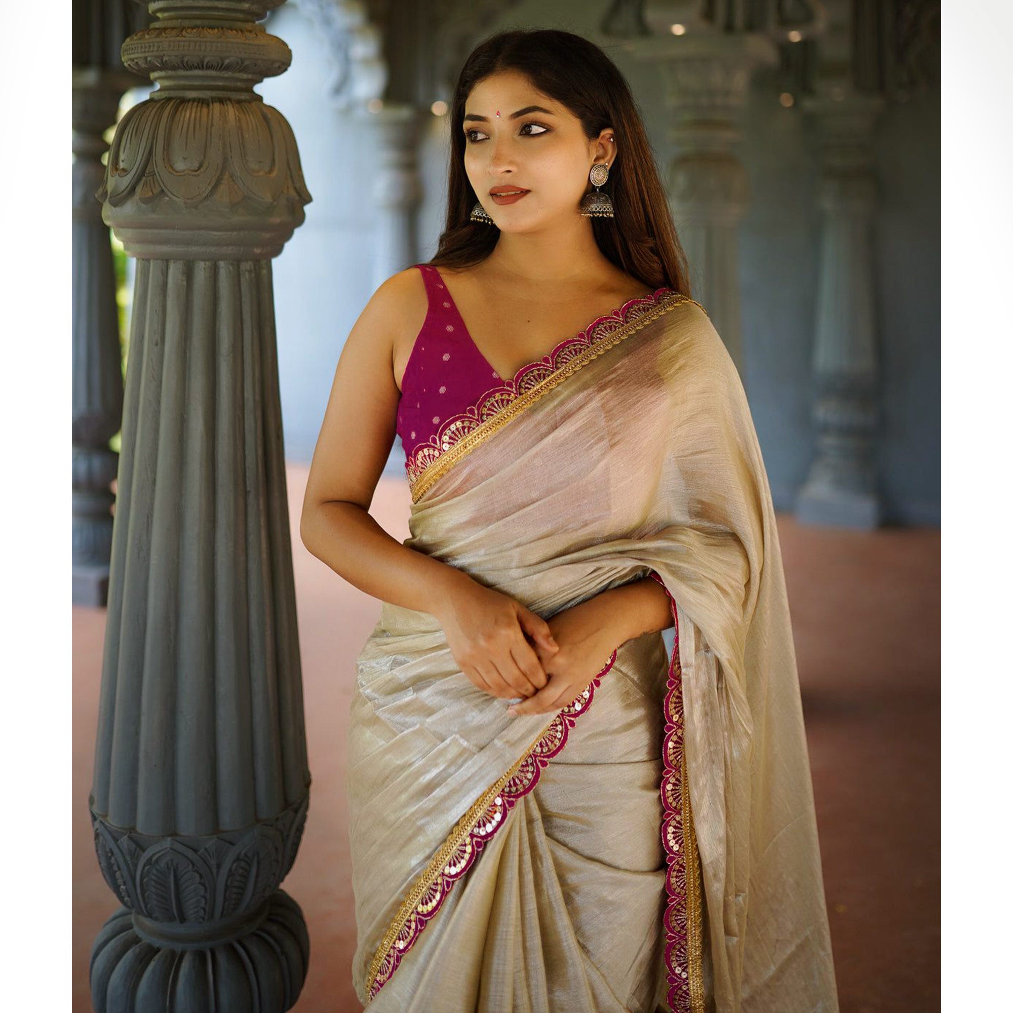 Cream & Rani Pink Solid Art Silk Saree With Sequins Embroidered Border