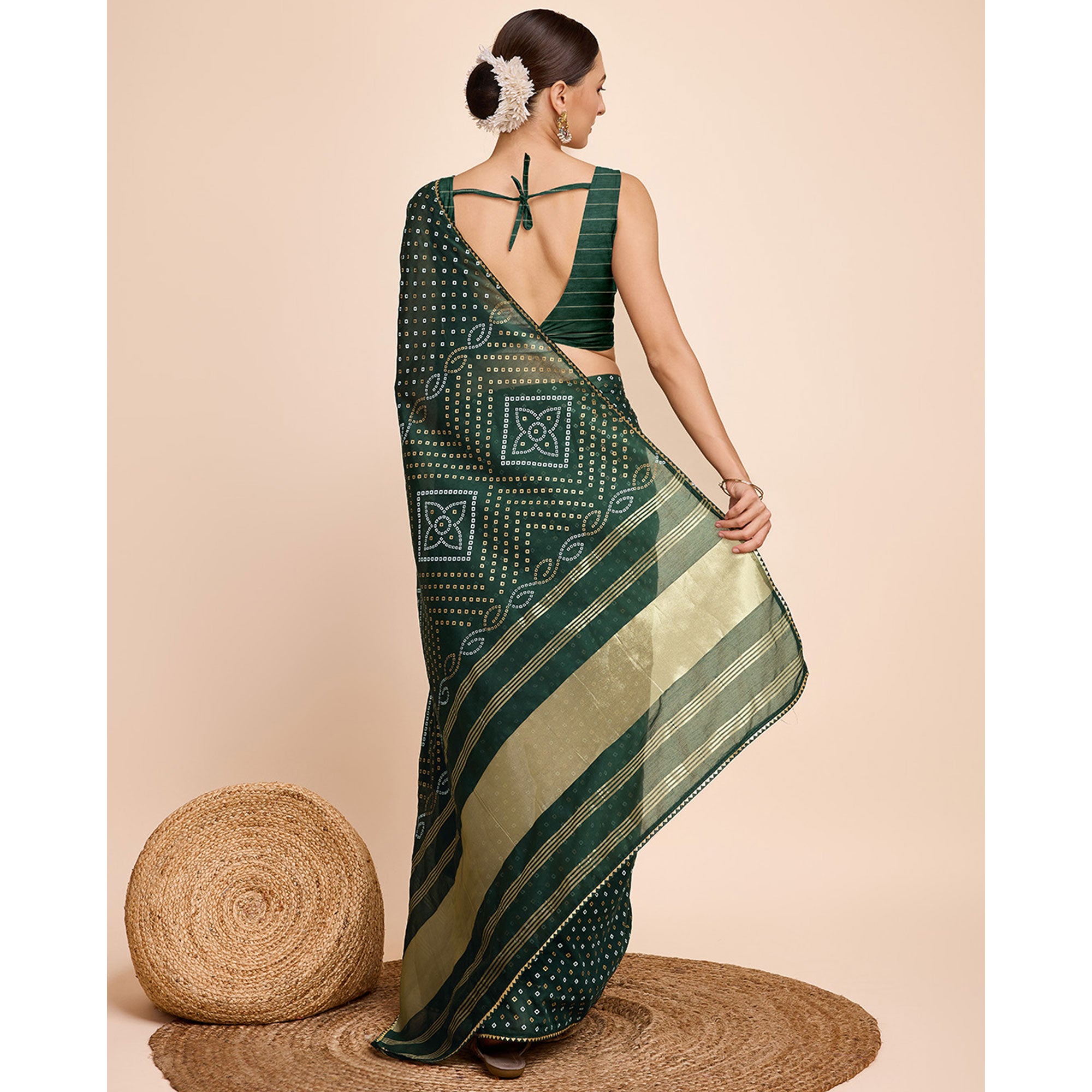 Green Bandhani Printed Cotton Silk Saree