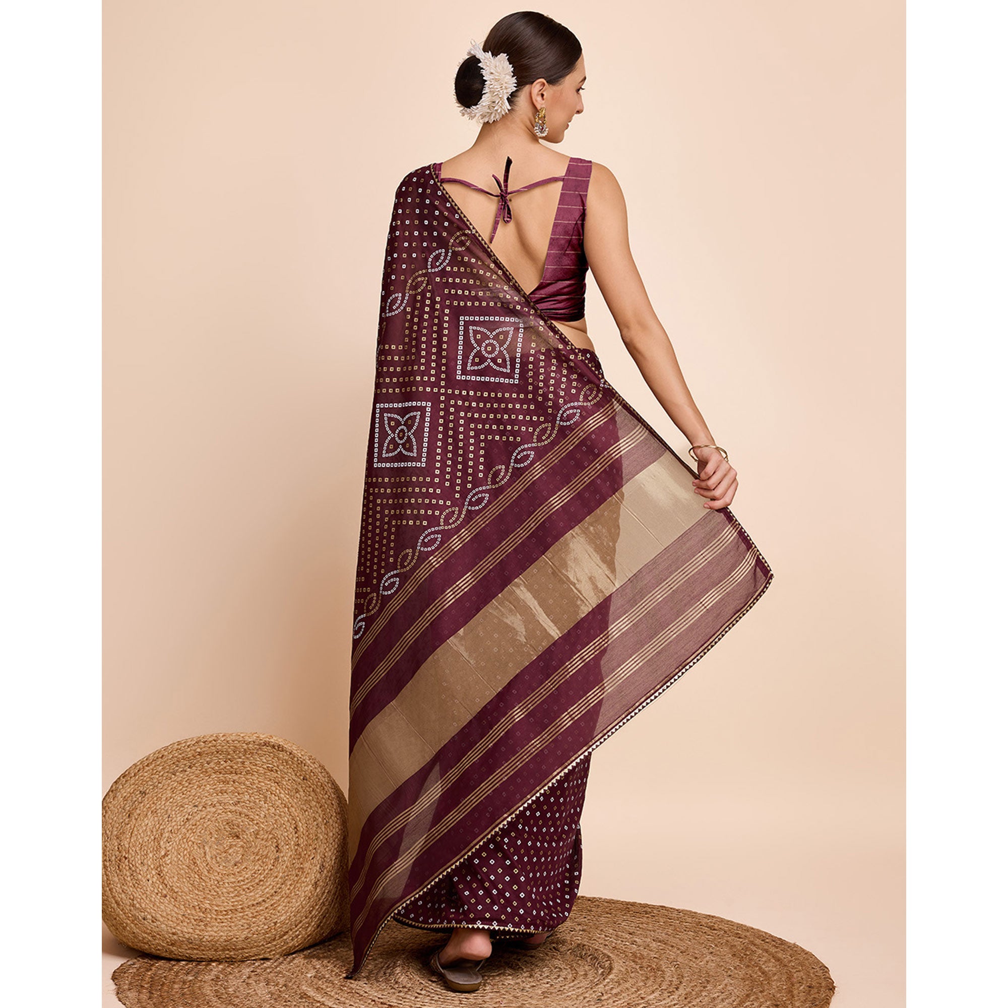 Wine Bandhani Printed Cotton Silk Saree