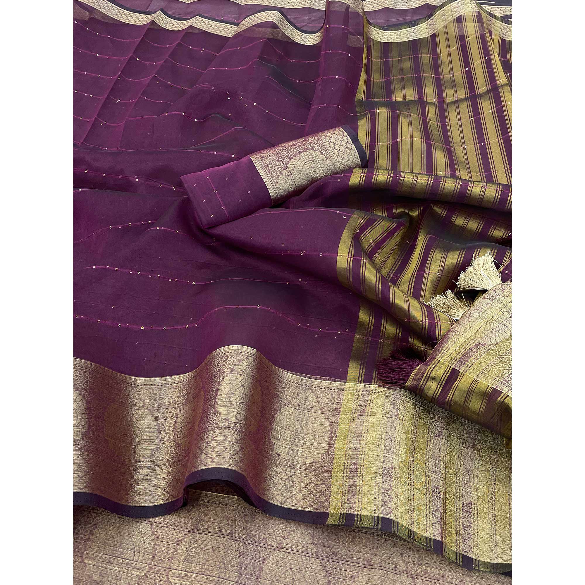 Purple Sequins Embroidered Organza Saree With Woven Border