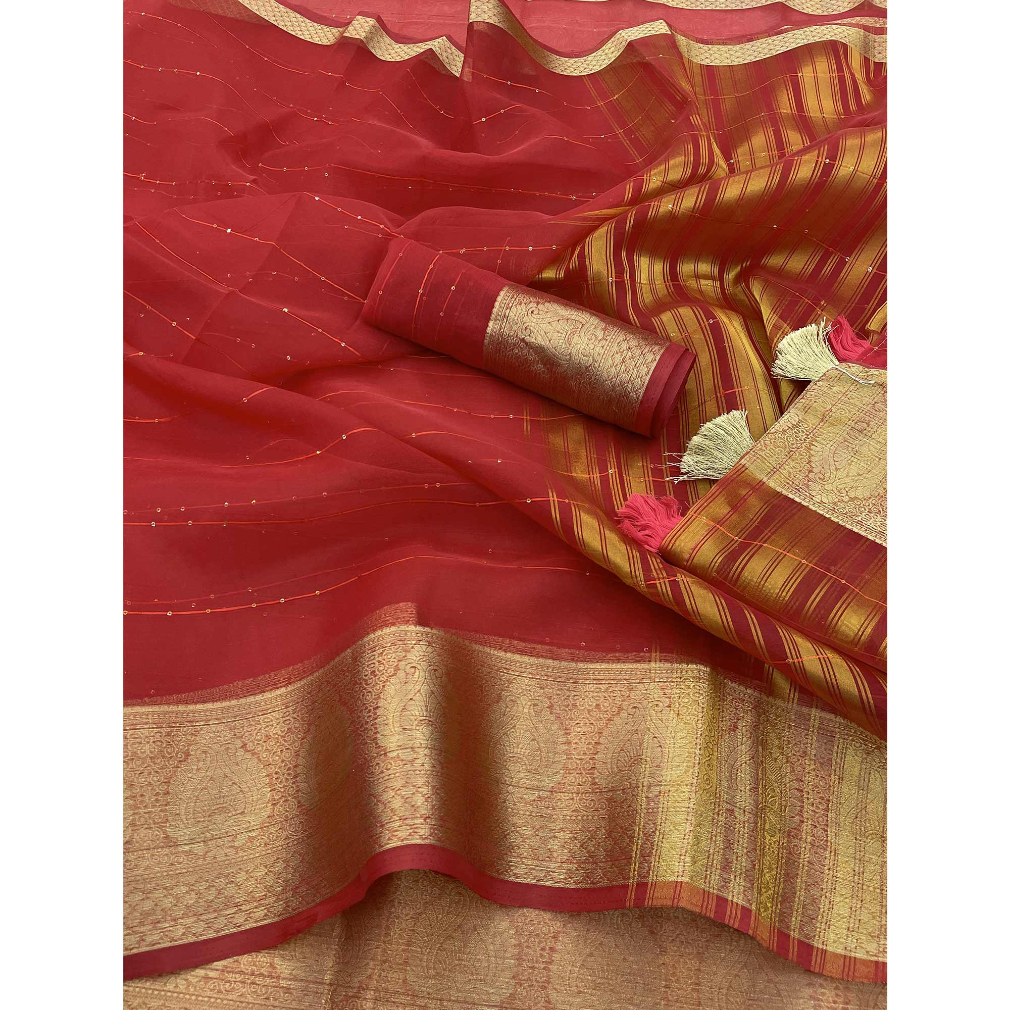 Red Sequins Embroidered Organza Saree With Woven Border