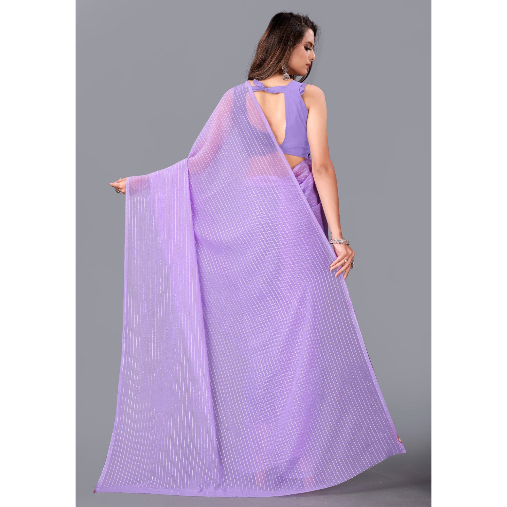 Purple Striped Foil Printed Georgette Saree