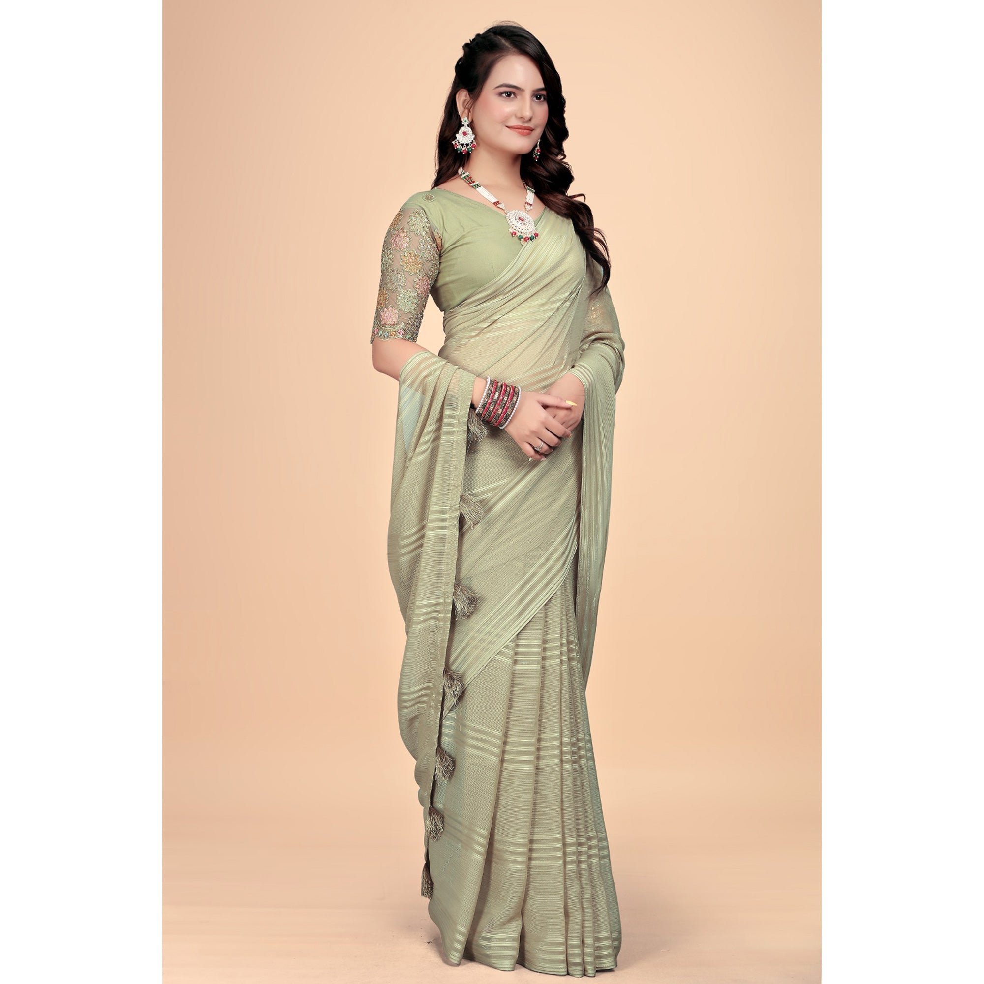 Green Zari Striped Woven Georgette Saree