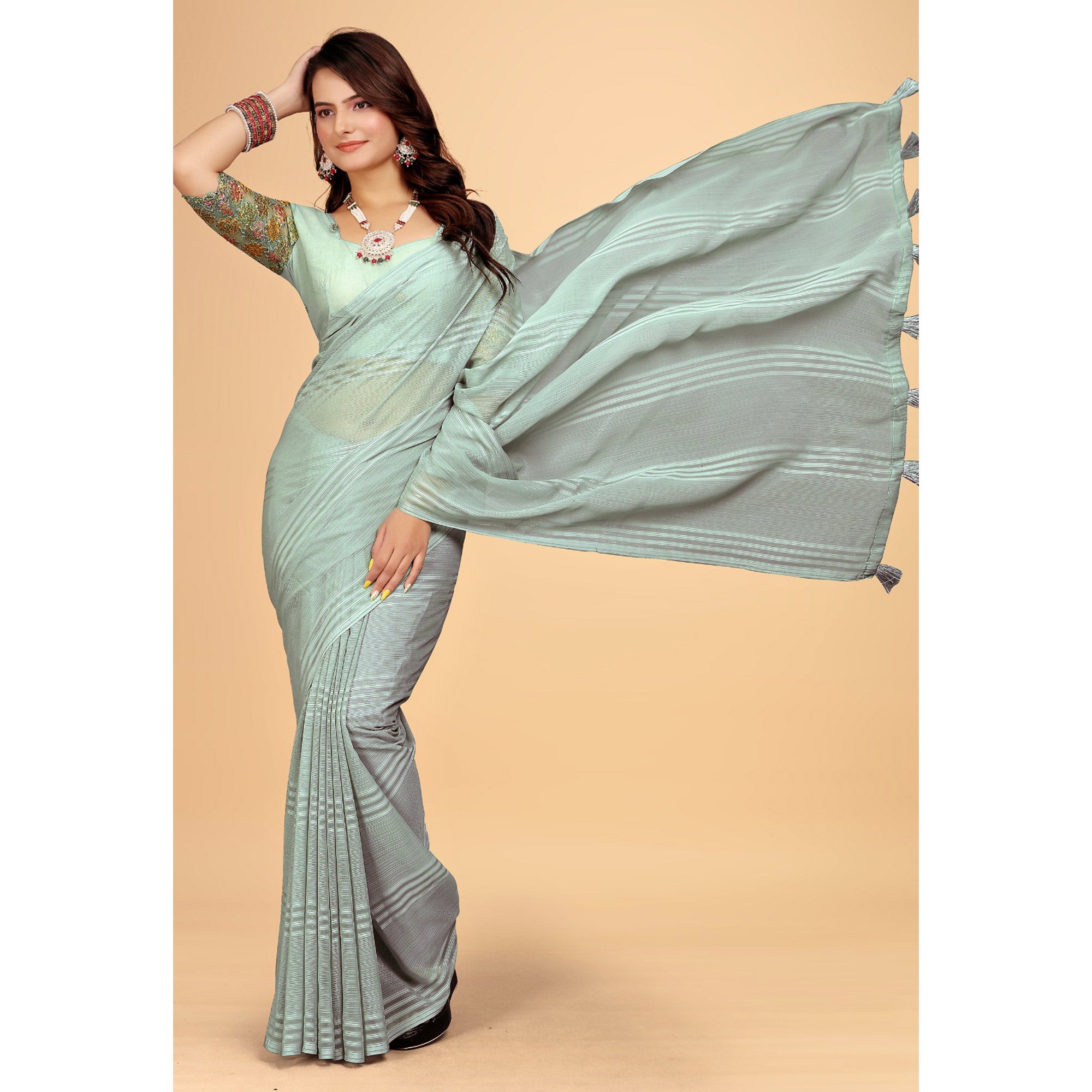 Sea Green Zari Striped Woven Georgette Saree